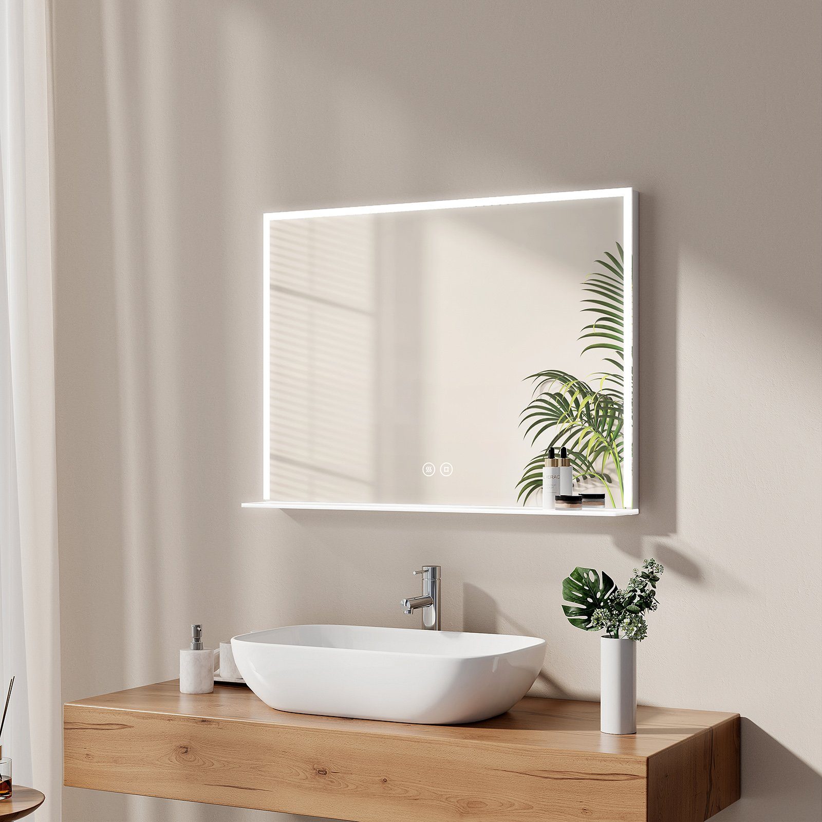 EMKE Badspiegel mit Beleuchtung Wandspiegel Kaltweiß Lichtspiegel, mit Ablage und Beschlagfrei Dimmbar 80x60 cm
