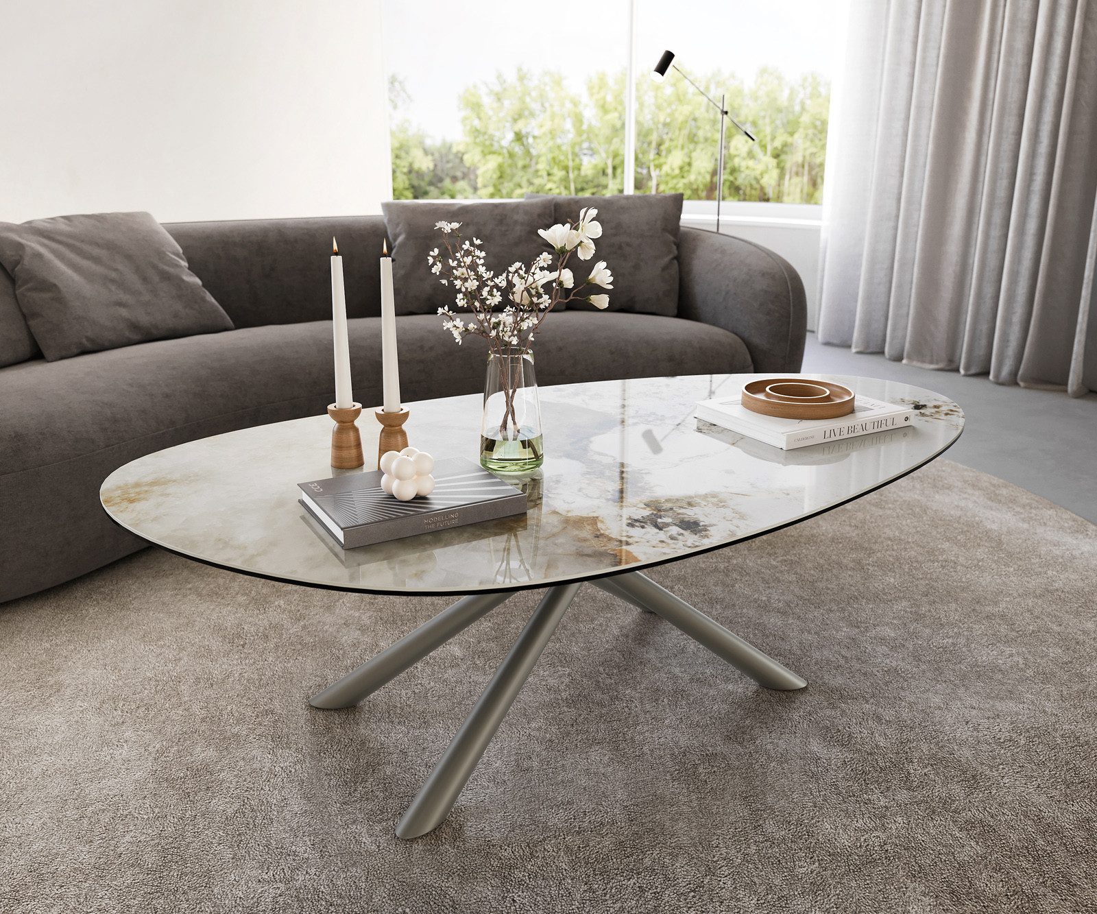 DELIFE Couchtisch Edge, Oval 140x75 cm Keramik Minas Melange Sarity Metall Effektfinish Titan