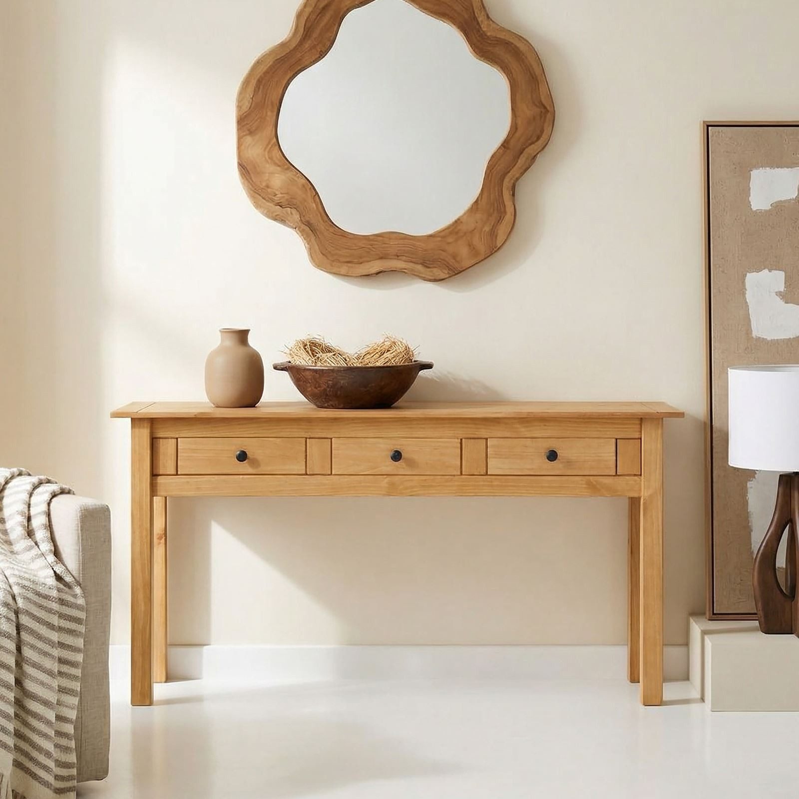 CARO-Möbel Konsolentisch CANCUN, Schmaler Flurtisch mit 3 Schubladen, Kiefer Massivholz Landhausstil