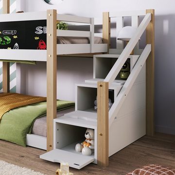 REDOM Etagenbett Kinderbett (mit Speicherung und Rausfallschutz), Hochbett für Kinder– 2x Lattenrost- Natur & Weiß(ohne Matratze)