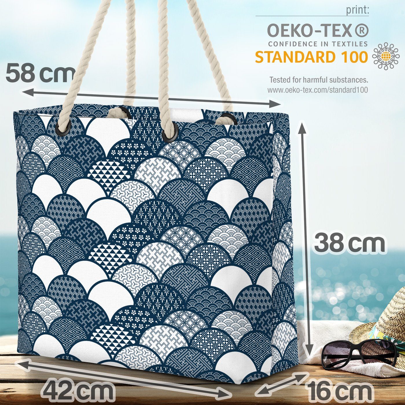 Bag Muster Beach Weiss Blau Japan (1-tlg), Wasser VOID Asien Blumen gemustert Wellen Muster Strandtasche