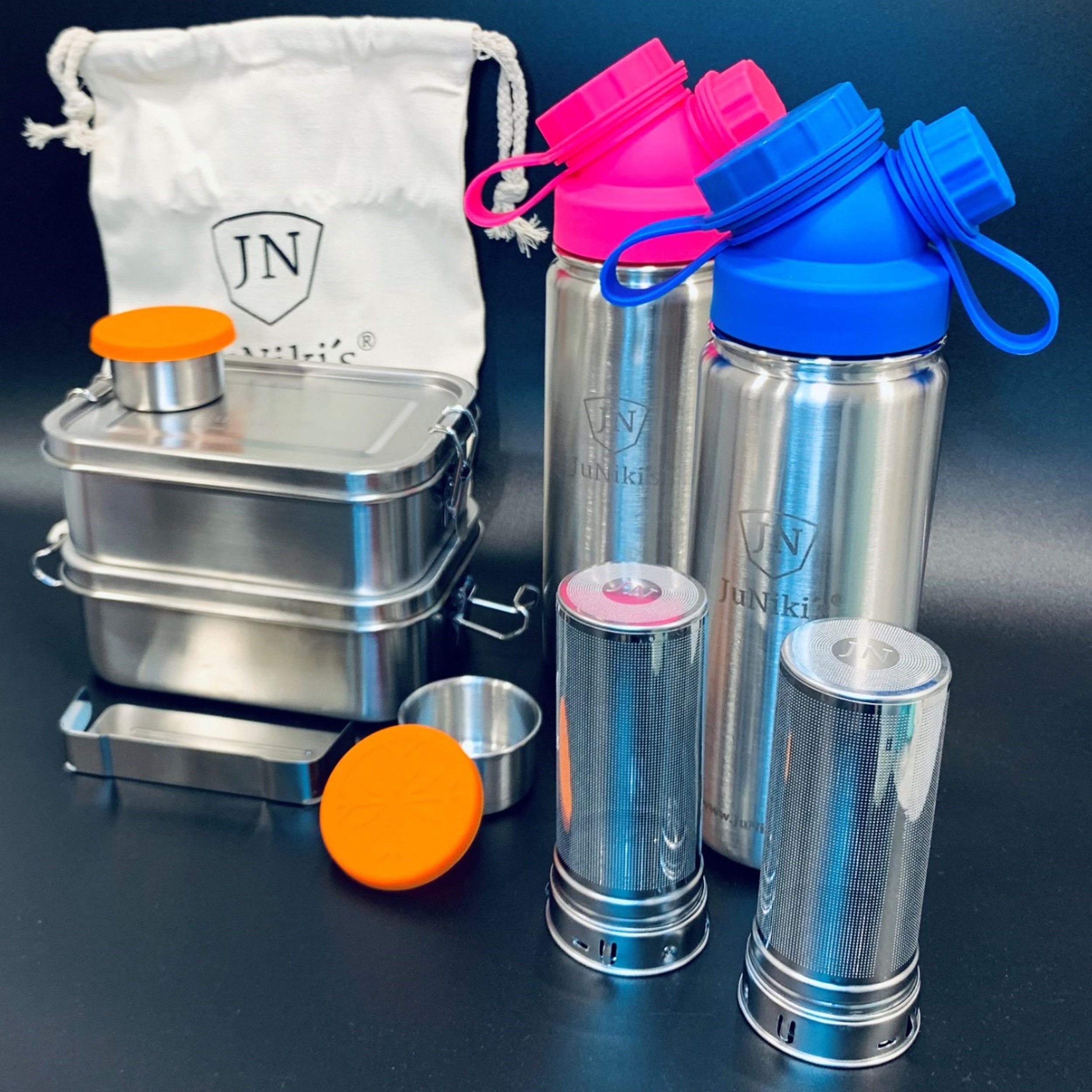 JN JuNiki´s Lunchbox Premium-Schüler-Set aus Edelstahl, Edelstahl, 2er-Spar-Set: Je 2x JuNiki´s® Lunchbox + Trinkflasche isoliert 550ml + Teefilter Pink-Blau