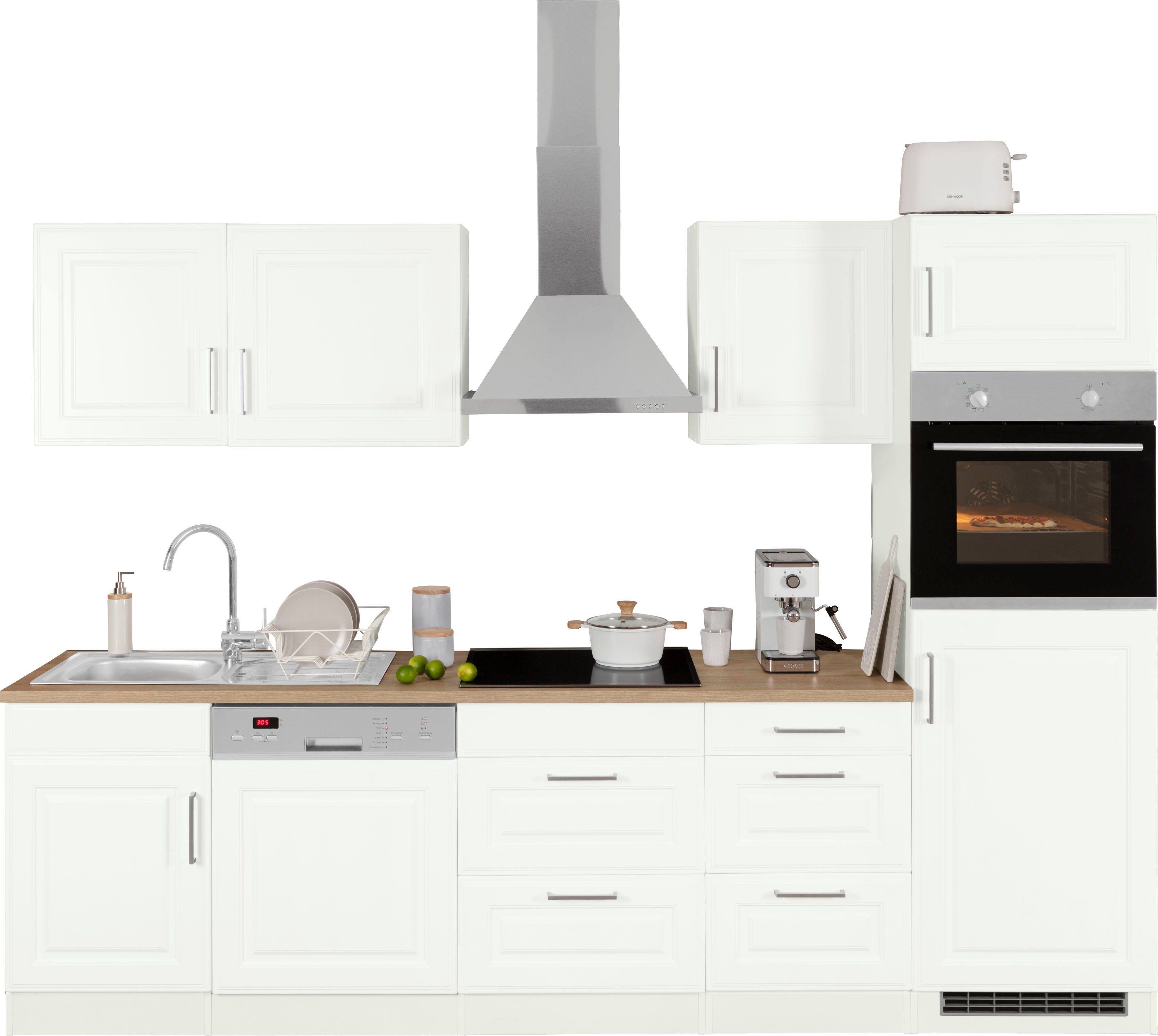 KOCHSTATION Küchenzeile KS-Stockholm – Küche mit hochwertiger und detailreicher Landhausfront, Breite 280 cm, wahlweise mit E-Geräten,mit MDF-Fronten