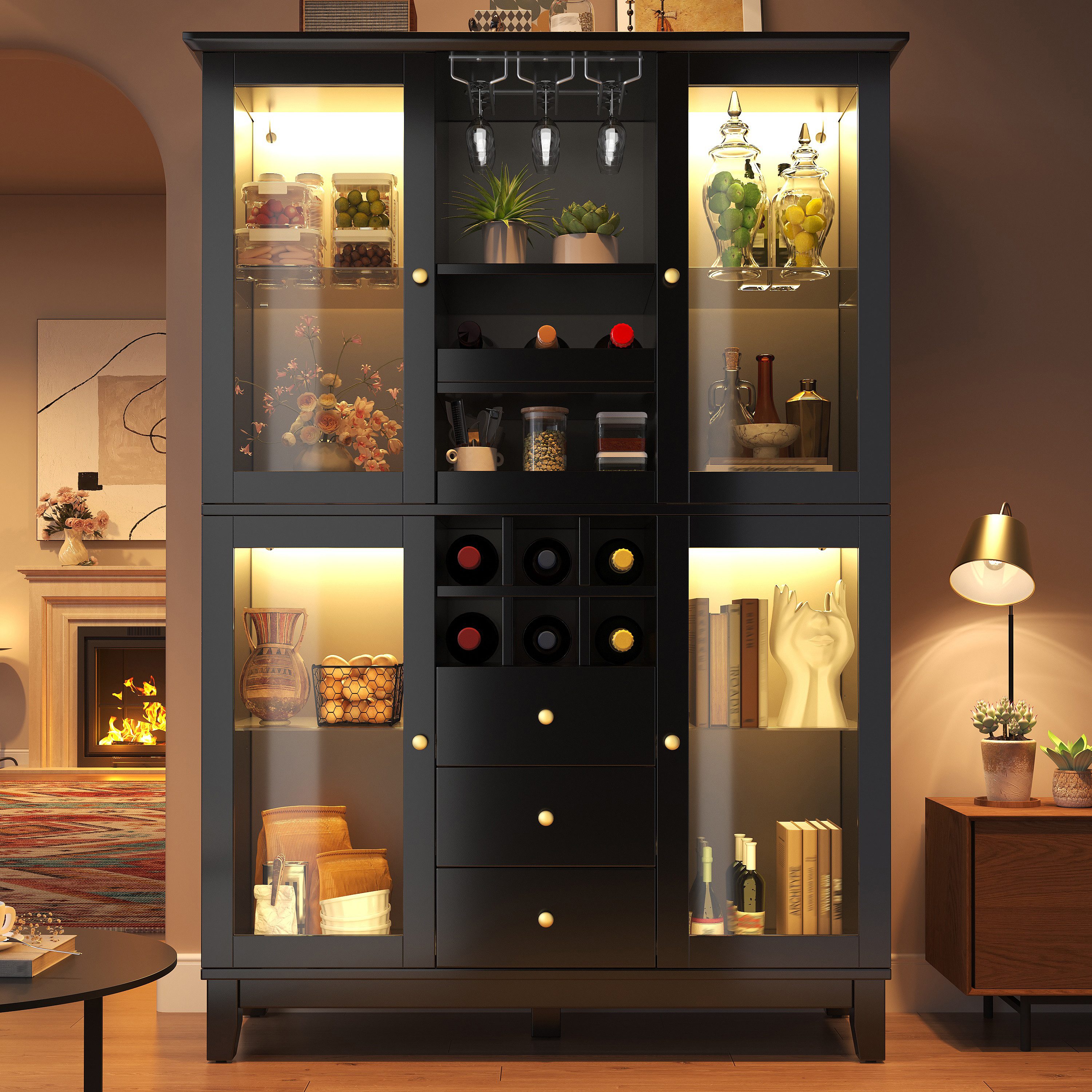 i@home Hochschrank Weinschrank mit App-gesteuerter LED, 3 Schubladen, Weinglas- & Flaschenhalter