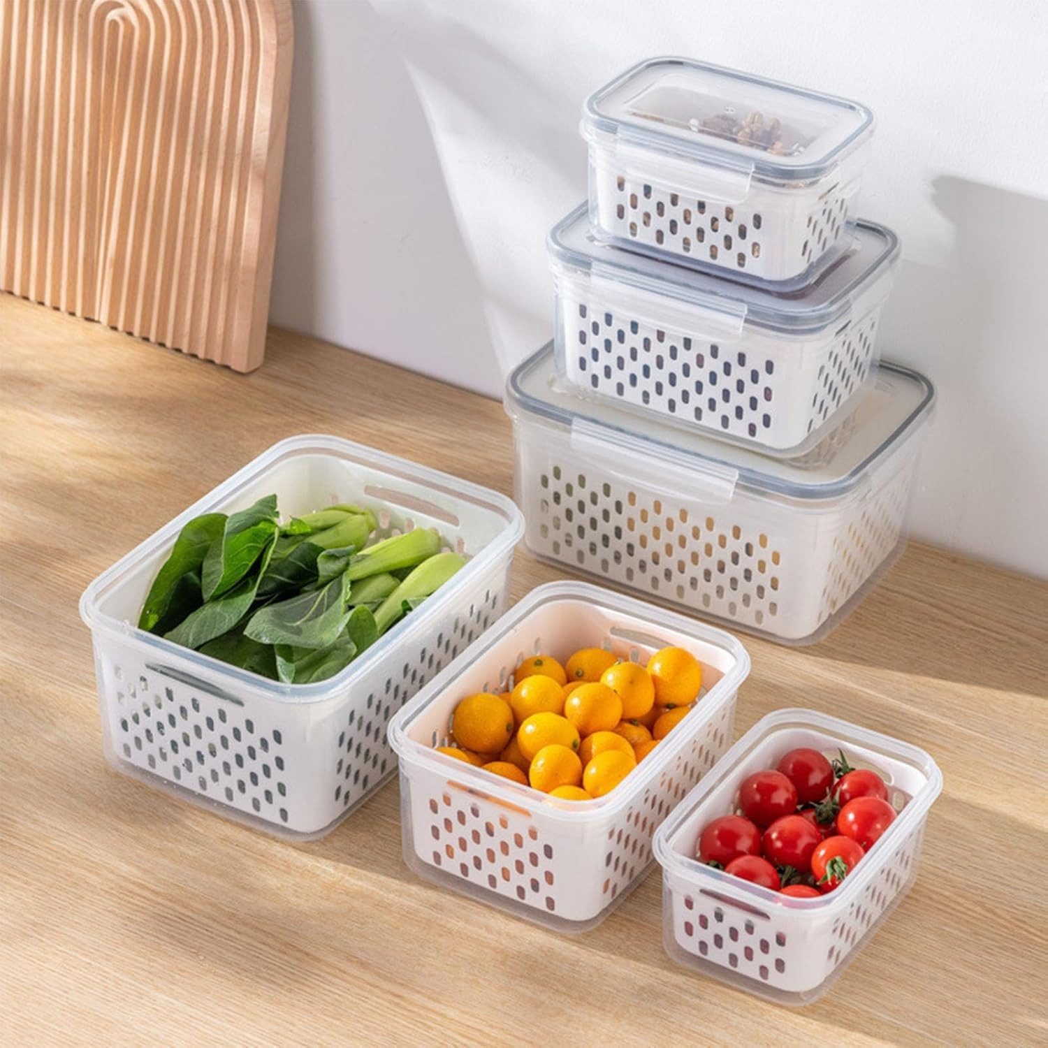 FOUORTUNATE-BEE Frischhaltedose Frischhaltedose Set mit Sieb Abtropfkorb Obst Gemüse Box, Küchen Box Set für Kühlschrank Mikrowelle Obst Gemüse Lagerung