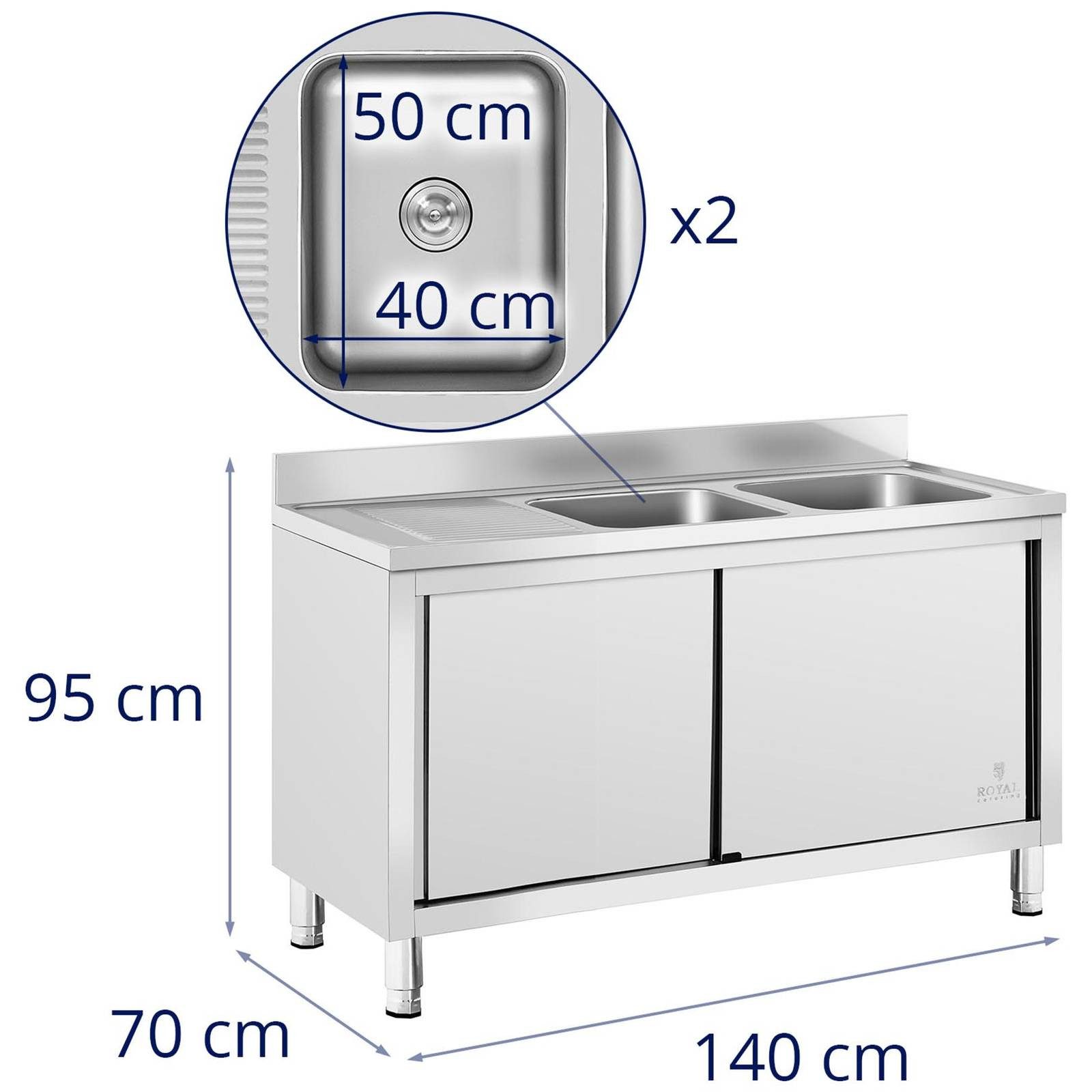 Royal Catering Spülenschrank 140 x 70 x 95 cm Spülenunterschrank Edelstahl 2 Becken je 50x40x30 cm verschiedene Größen – Bild 5 von 5