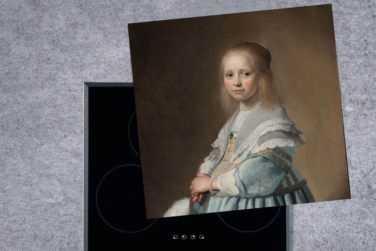 eines Blau von Cornelisz., für tlg), Vinyl, Ceranfeldabdeckung, cm, (1 - MuchoWow küche in Johannes Herdblende-/Abdeckplatte Gemälde 78x78 Arbeitsplatte Porträt Mädchens
