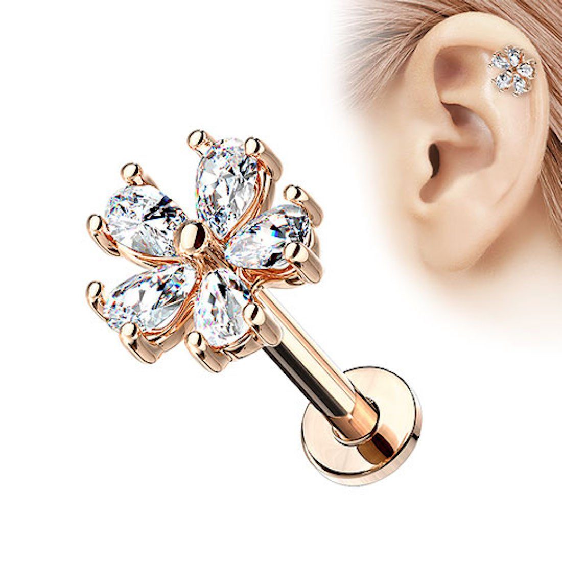 Piercing-Set Piercing Stab mit Kristall Blüte für Lippe und Ohr