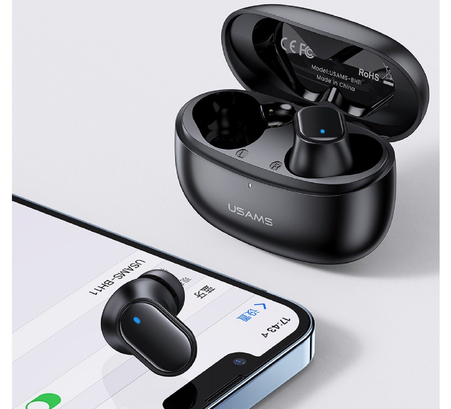 USAMS BU11 TWS BT 5.1 Samsung, Kabellos usw) Bluetooth-Kopfhörer Control, Smartphome, Mikrofon Ohrhörer (Bluetooth mit Huawei, Apple, für Lg Touch 5.1, Ladebox Weiß Bluetooth, In-Ear