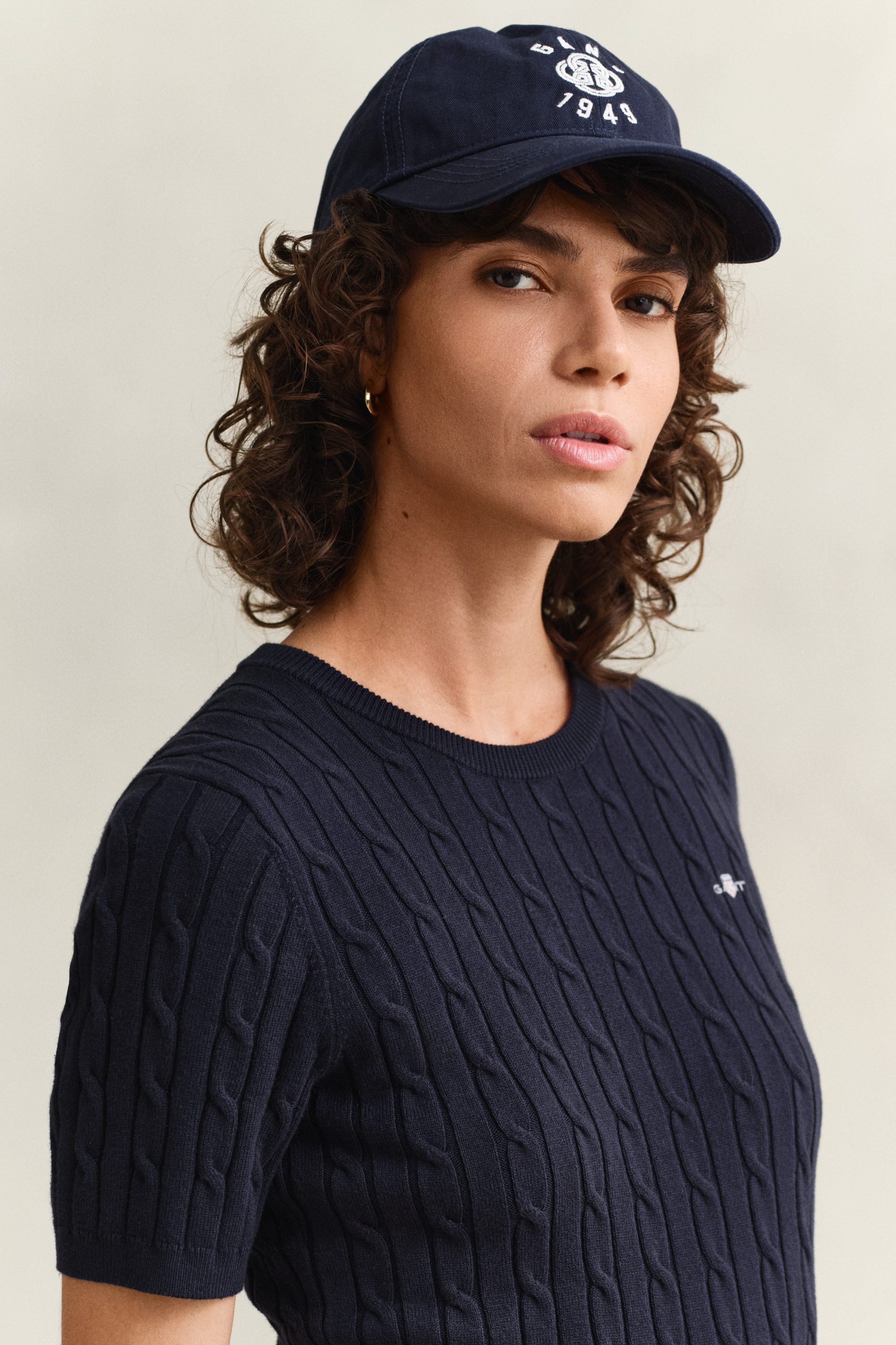 Gant Kurzarmpullover STRETCH COTTON CABLE Slim fit mit Rundhalsausschnitt