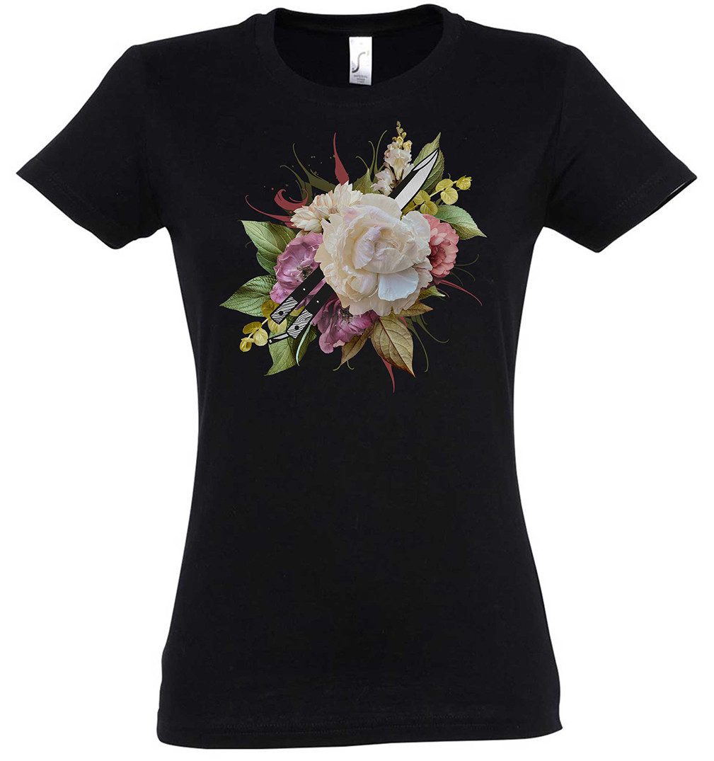 Print-Shirt Knife And Flowers Damen T-Shirt Tattoo Oldschool Newschool Blumen