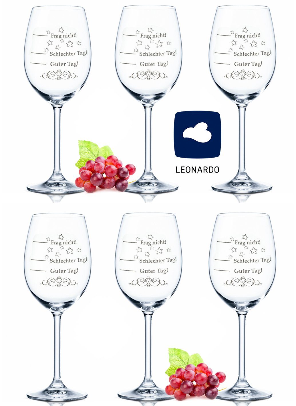 GRAVURZEILE Rotweinglas Leonardo Weingläser 6er Set - Schlechter Tag, Guter Tag - Frag nicht!, Glas, graviertes Party-Geschenk für Partner, Freunde & Familie