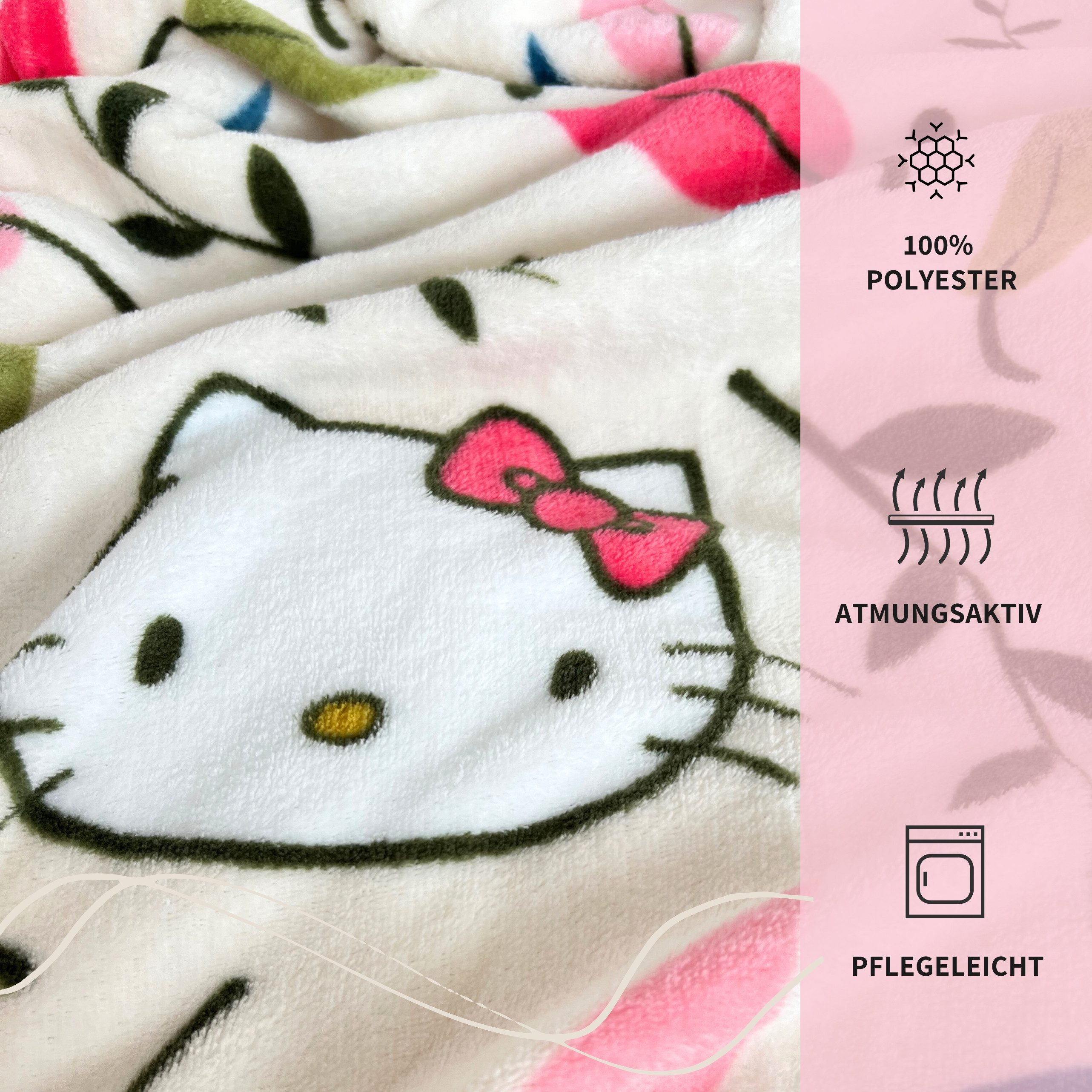 Kinderdecke Hello Kitty Blütenzauber 130 x 170 cm passend zur Bettwäsche, MTOnlinehandel, Geschenkidee für Mädchen, weich und kuschelig – Bild 4 von 5