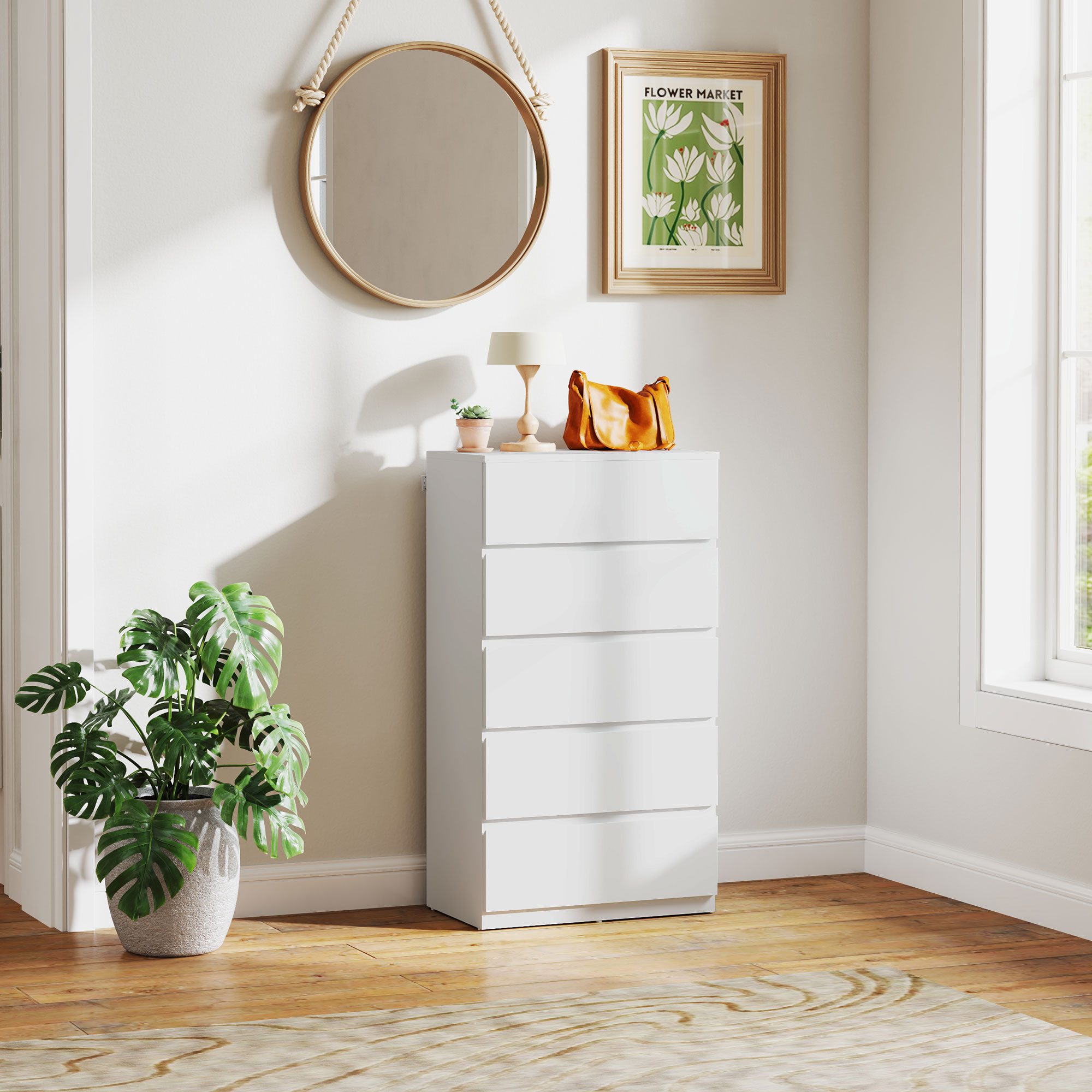 HOMCOM Kommode Sideboard mit 5 Schubladen (Schubladenschrank, 1 St., Schrank modern), für Wohnzimmer Schlafzimmer Flur Weiß, 112 x 34 x 75 cm