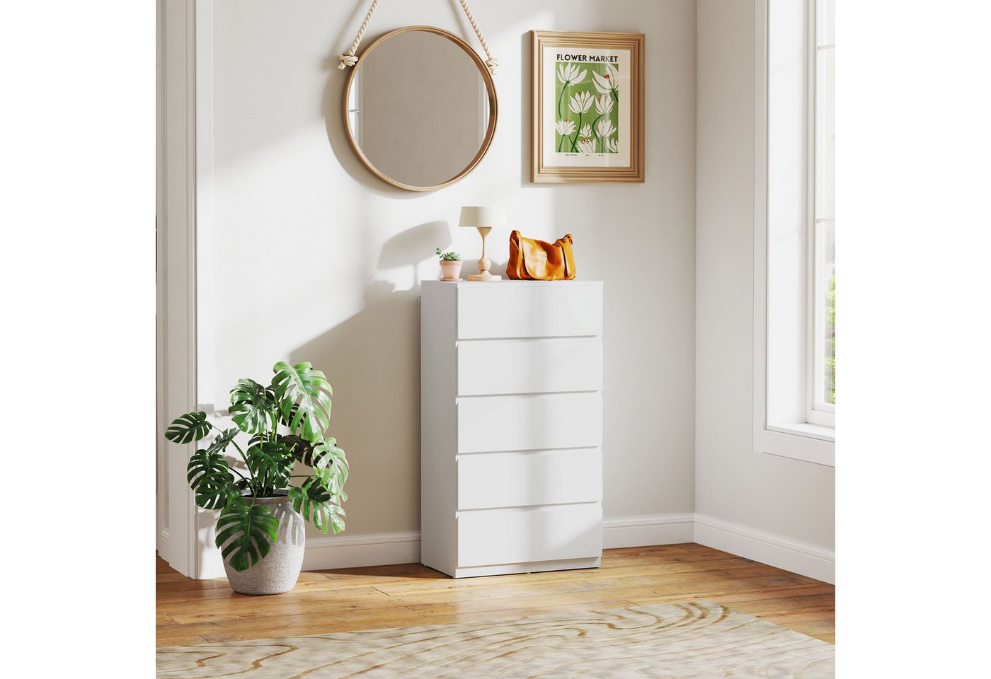 HOMCOM Kommode Sideboard mit 5 Schubladen (Schubladenschrank, 1 St., Schrank modern), für Wohnzimmer Schlafzimmer Flur Weiß, 112 x 34 x 75 cm