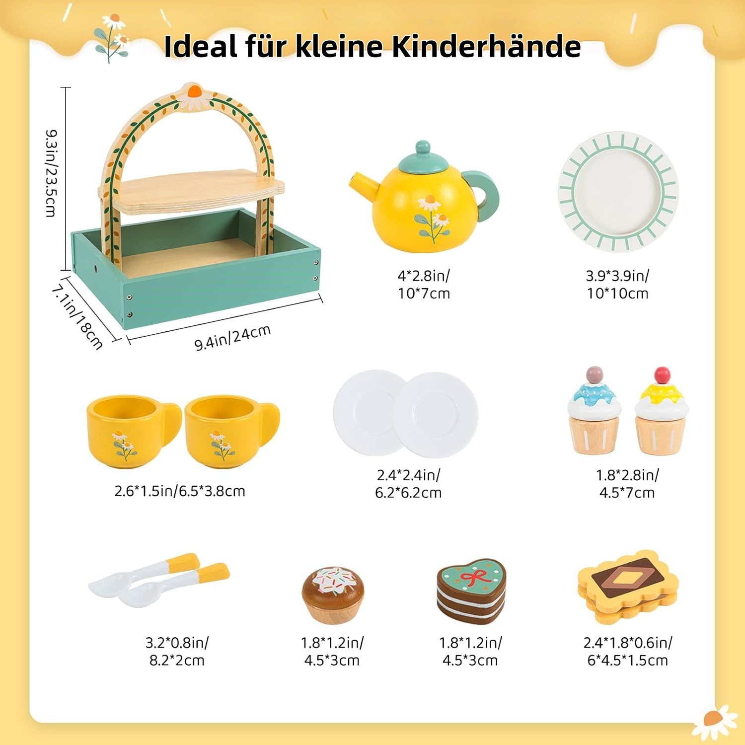 CLTYQ Spielküche Teeservice Kinder aus Holz, Teeparty mit Zuckerwürfeln und Dessert, Kinderküche Zubehör Tee Set für Kinder Mädchen Jungen