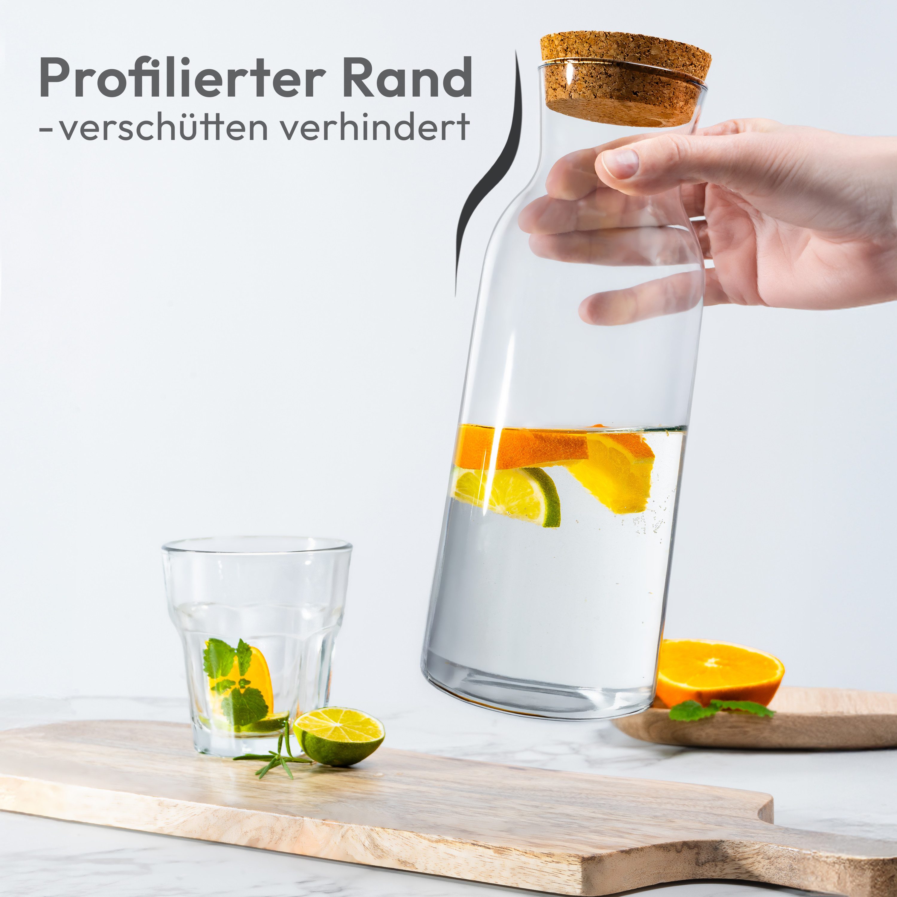 KONZEPT Karaffe Wasserkaraffe mit Deckel, Karaffe aus Glas 1 liter, (3-tlg), ideal für Wasser, Saft, Limonade und Milch
