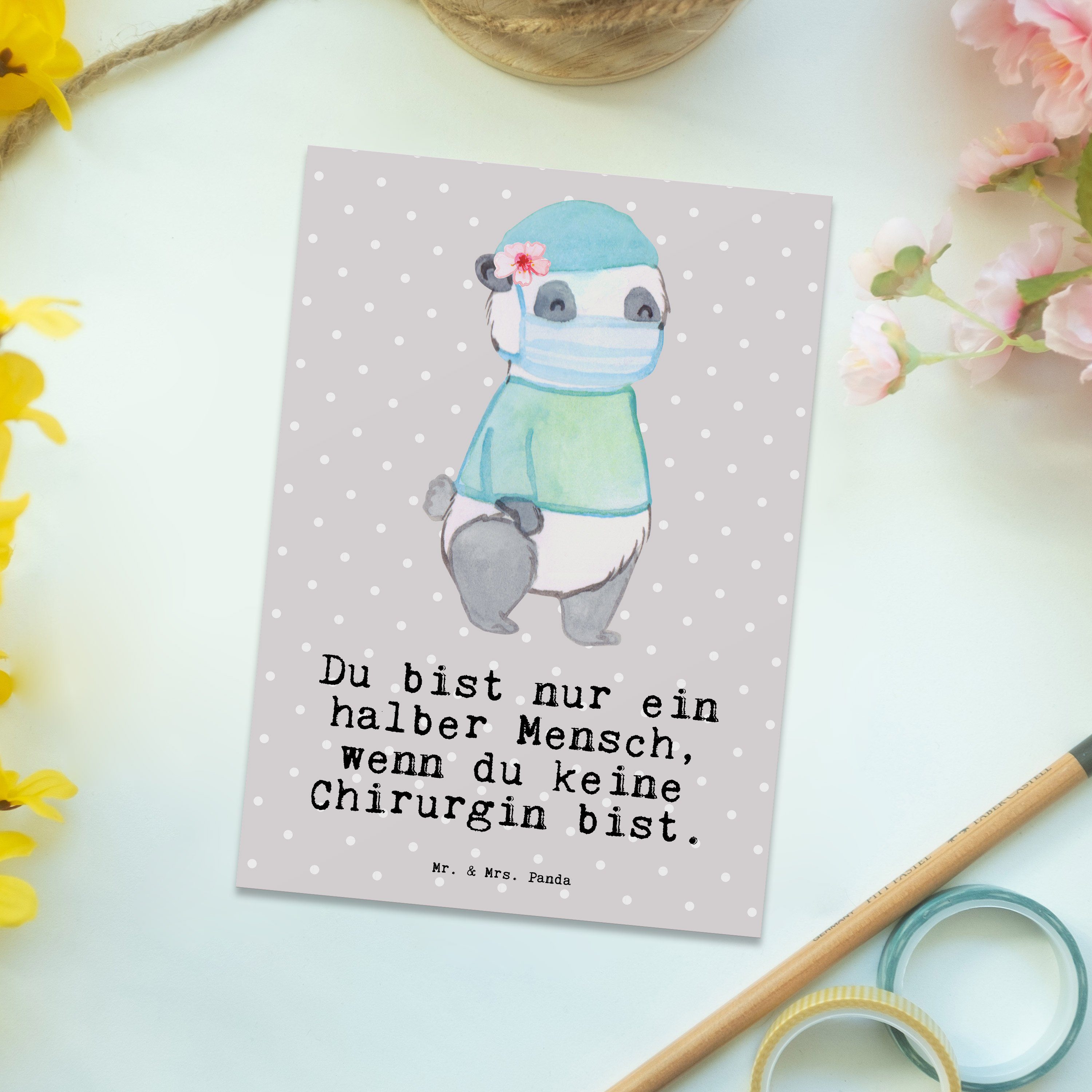 Geschenk, Herz Panda & - - Postkarte Grau Chirurgin Ansic mit Mrs. Mr. Notfallchirurgin, Pastell
