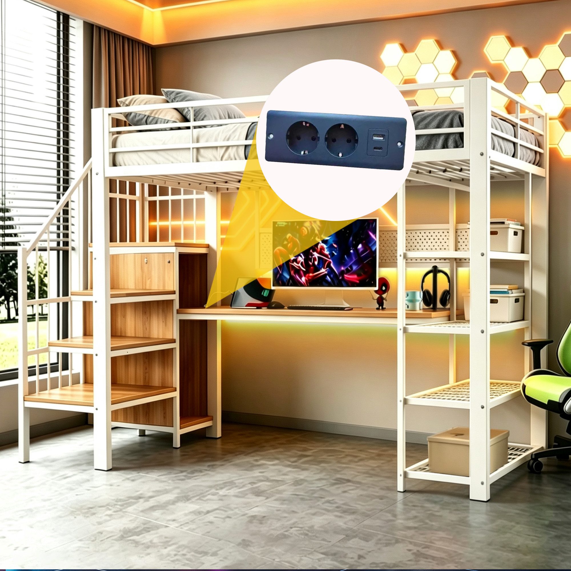 Flieks Hochbett Metallbett 90x200cm mit Lochblech, Schreibtisch, LED& Aufladen, Regal – Bild 5 von 5