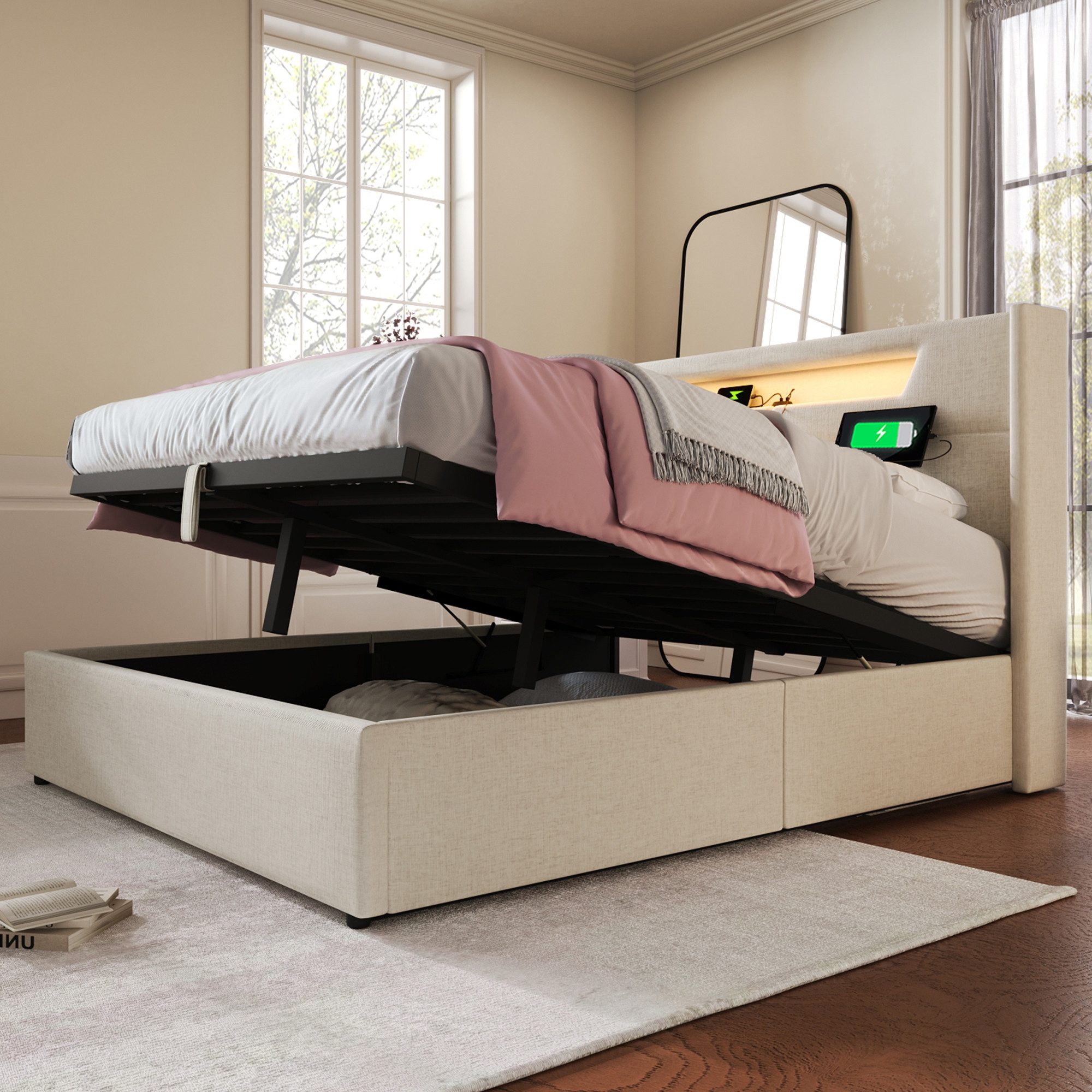 OKWISH Polsterbett LED Doppelbett mit USB günstig online kaufen