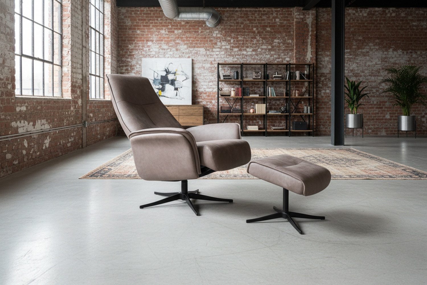 KAWOLA Relaxsessel JOSIANE Lederfaserstoff anthrazit Komfort Drehsessel, 360° drehbar, Relaxfunktion, Kopfstütze, inklusive Fußhocker