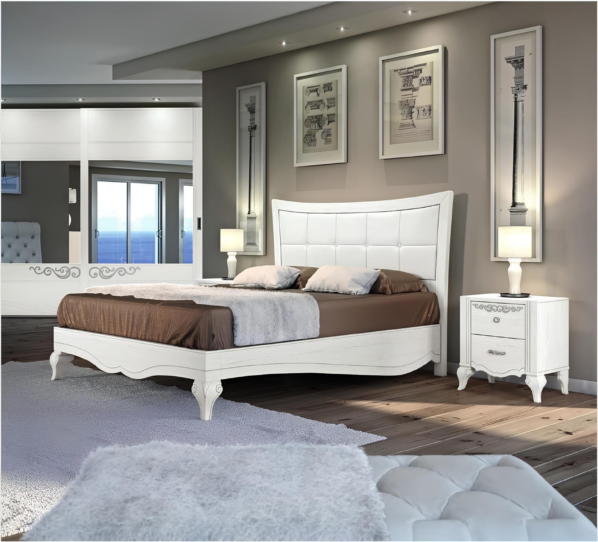 Bett Modernes Doppelbett mit Nachttisch und Holzdesign