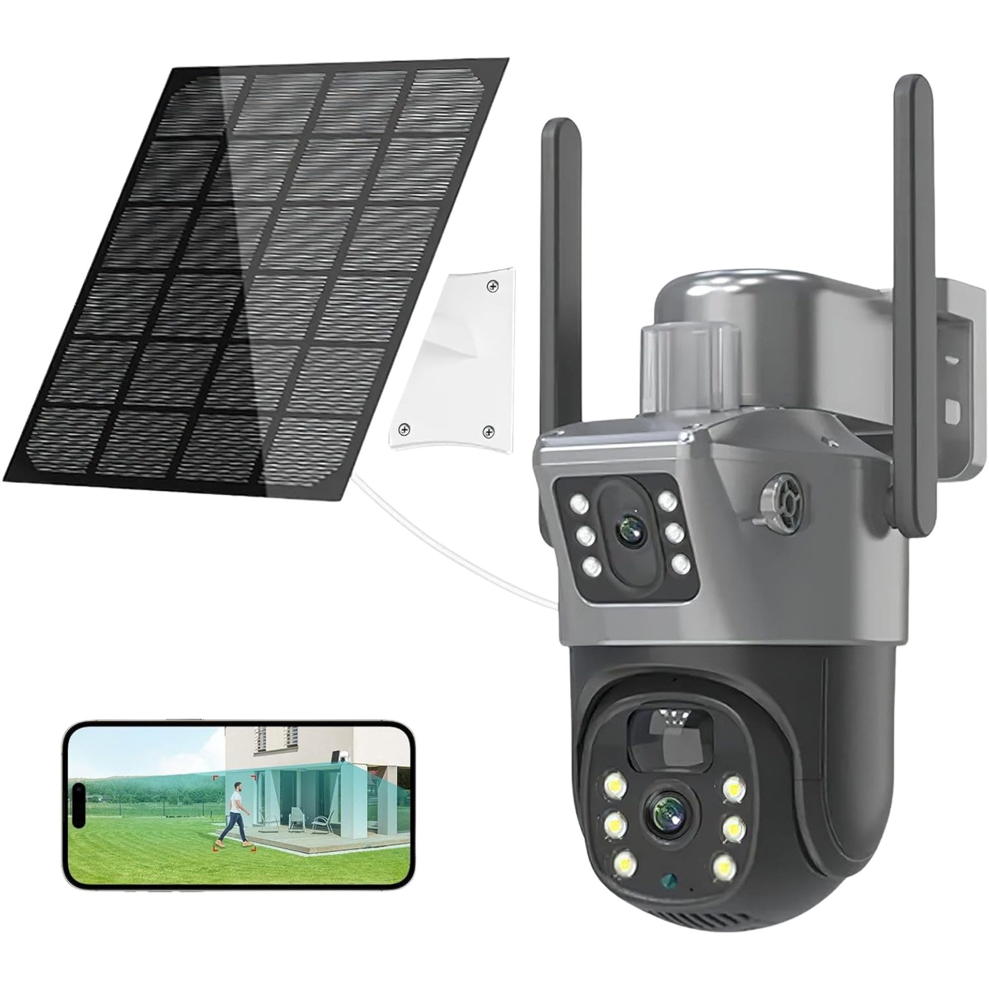 Athlix Überwachungskamera Kabellose Outdoor PTZ-Solarkamera 4K Dual-Lens (Outdoor, Indoor, 360°-Rundumsicht & Automatische Verfolgung, Zwei-Wege-Audio)