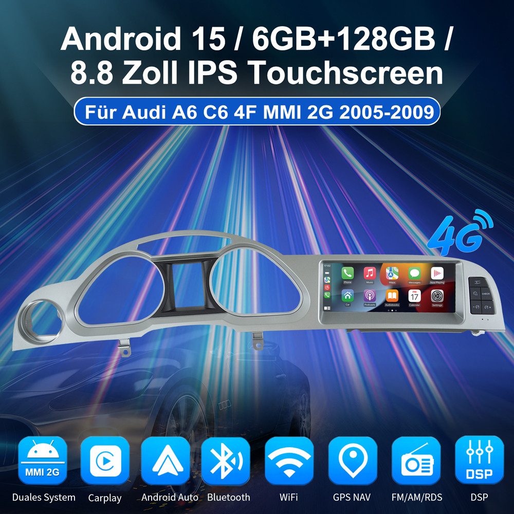ESSGOO Android 15 6+128G Carplay Autoradio Für Audi A6 C6 4F MMI 2G 2005-2009 Autoradio (Digitalradio (DAB), FM, AM, RDS, SWC, Navi DSP 4G LTE 8-Kern)
