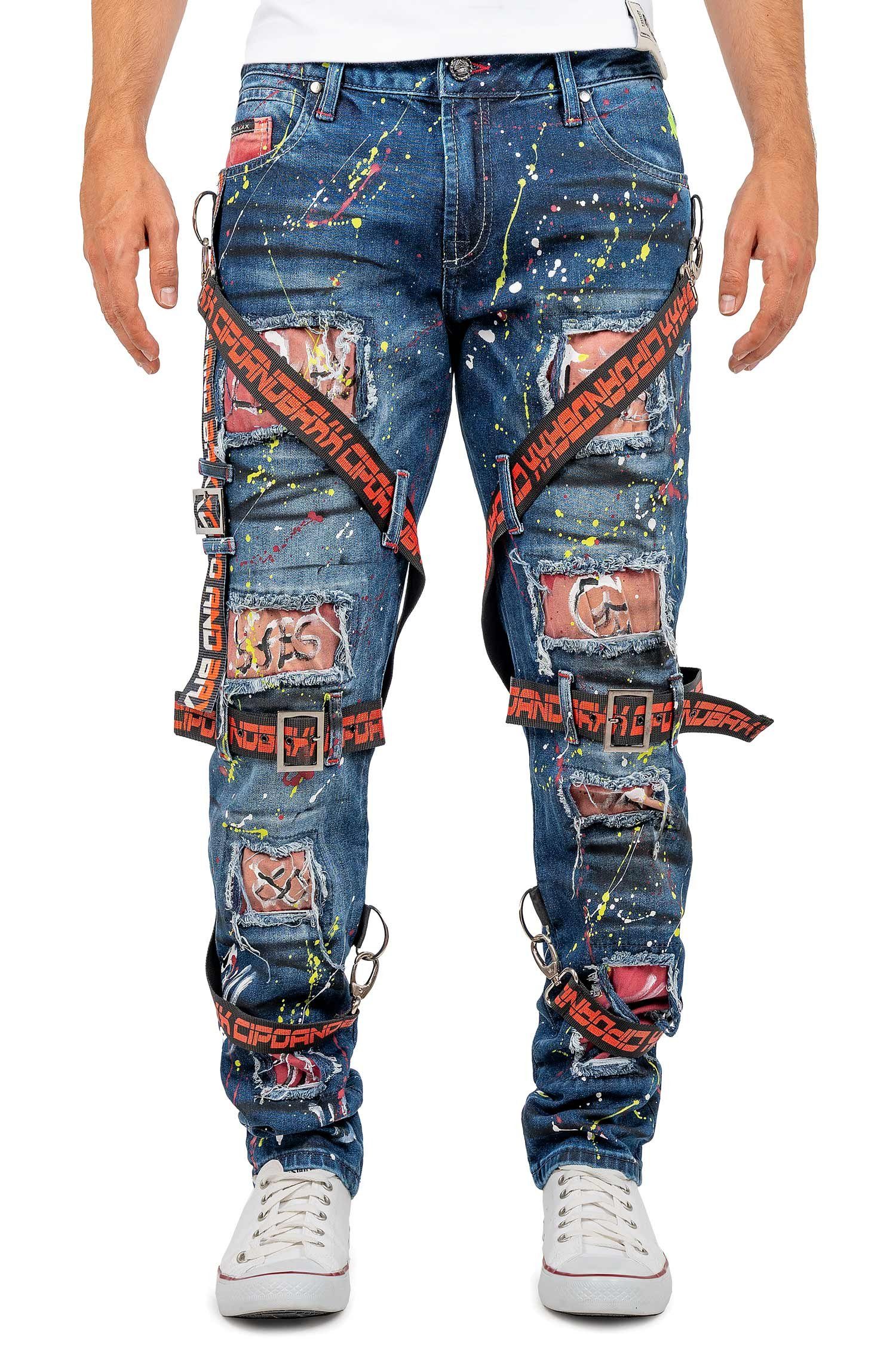 Cipo & Baxx Regular-fit-Jeans Bunte Hose BA-CD716 Destroyed Effekt mit Extravaganten Verzierungen | Straight-Fit Jeans