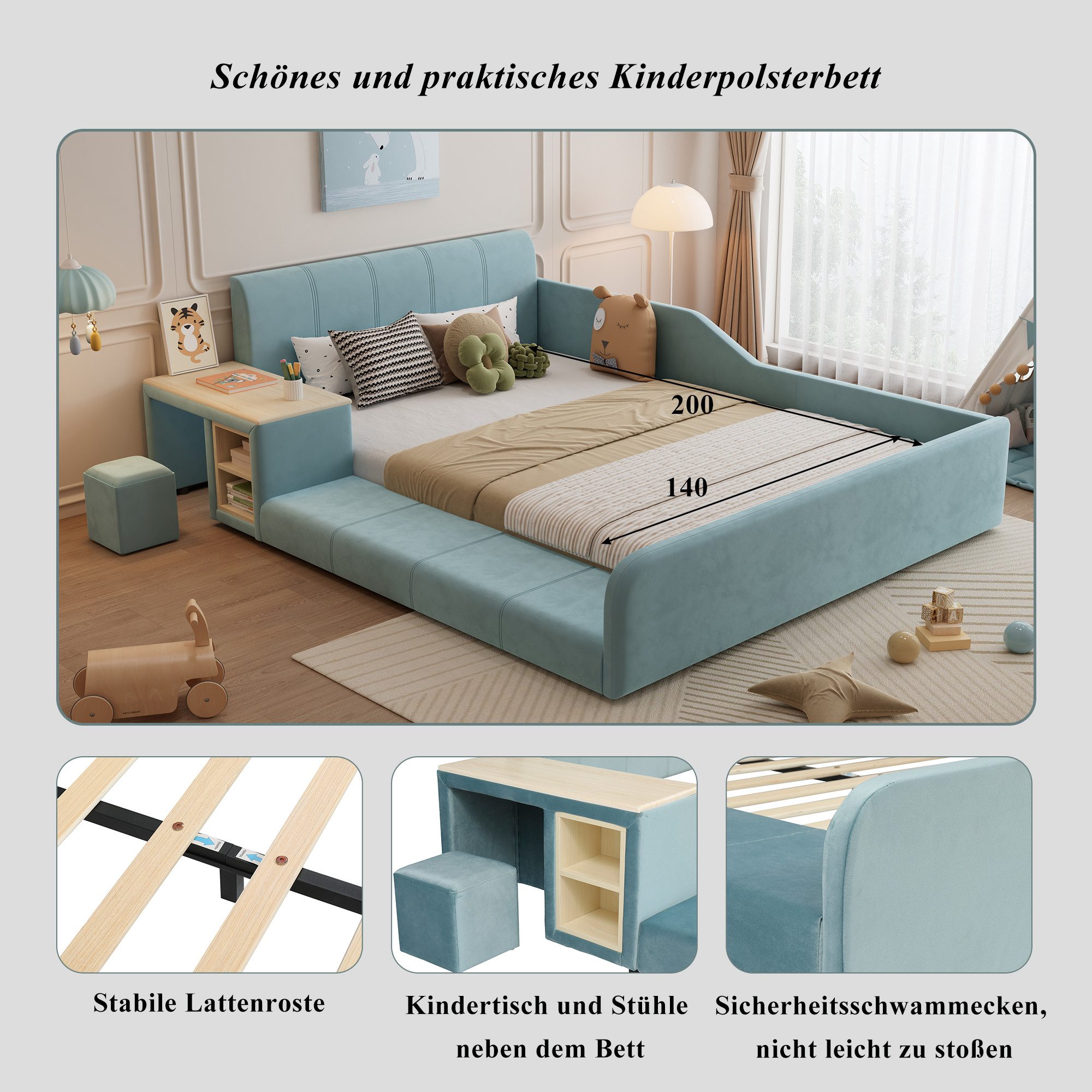 REDOM Polsterbett Kinderbett mit Schreibtisch und Hocker (140x200 cm Samt, günstig online kaufen