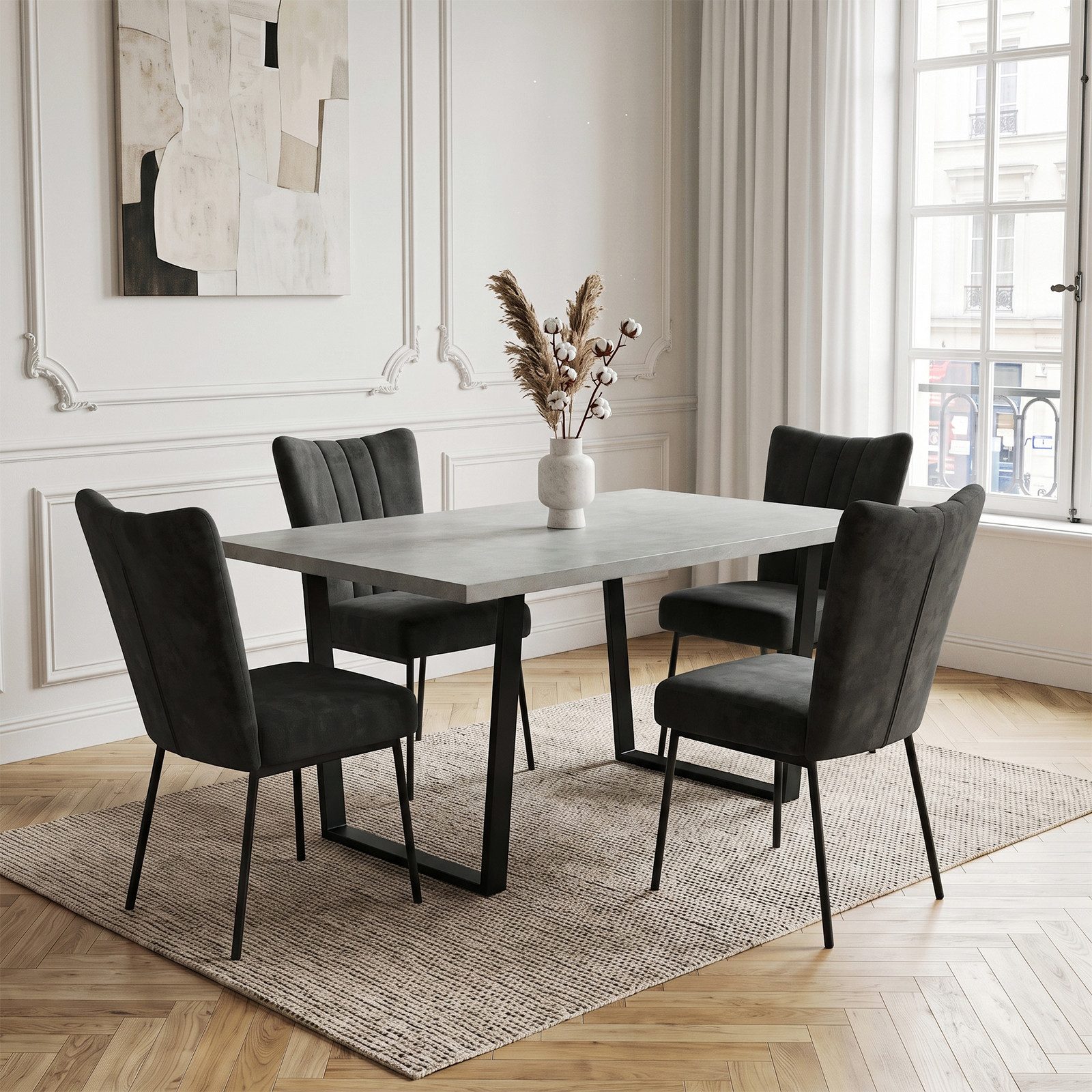 Jiexi Essgruppe Essgruppe 110x70 MDF Tisch mit Samtstühlen U-Metallgestell
