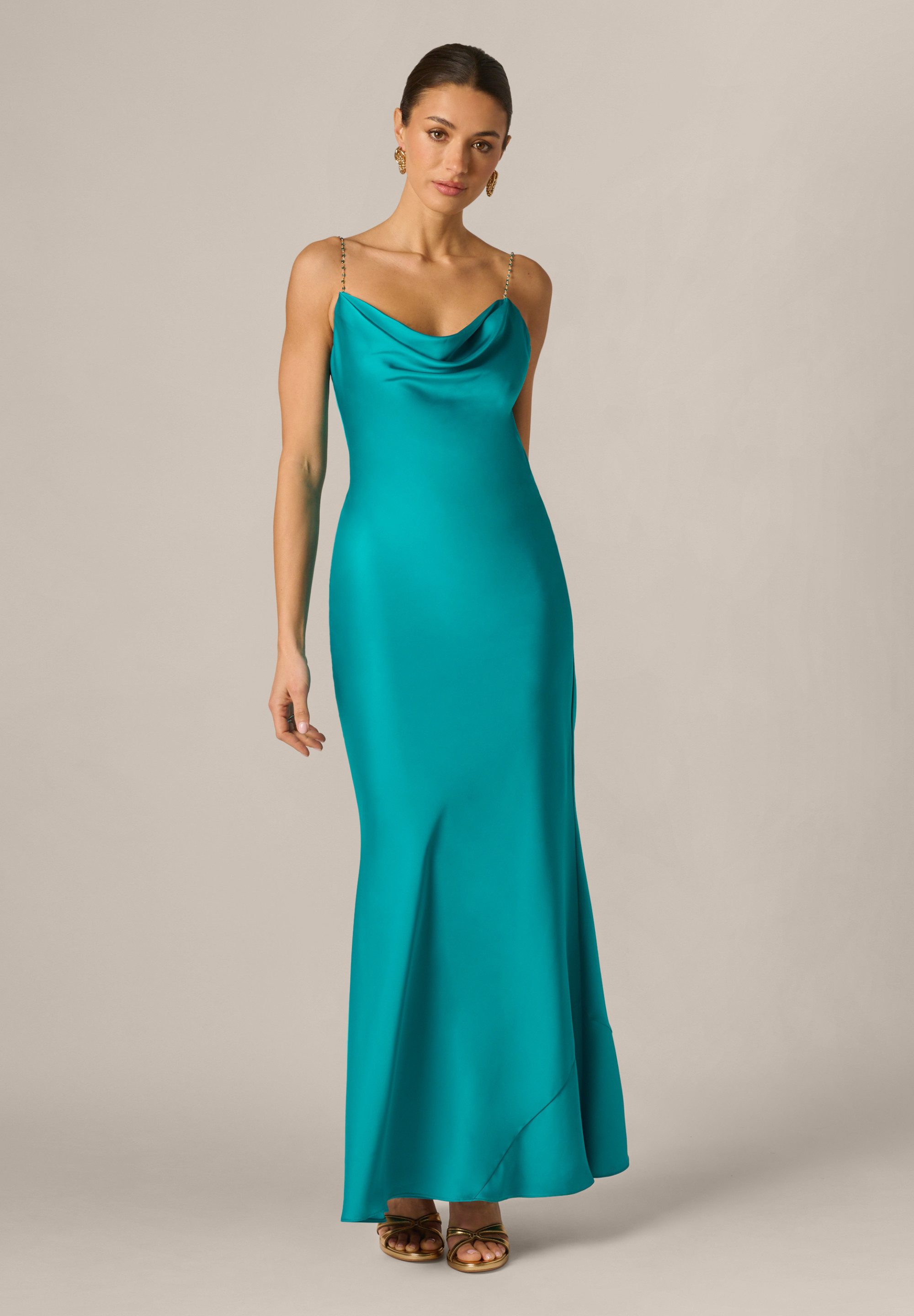 Adrianna Papell Abendkleid Stretch Satin Long Dress Fließendes, schräg geschnittenes Kleid mit drapiertem Kragen