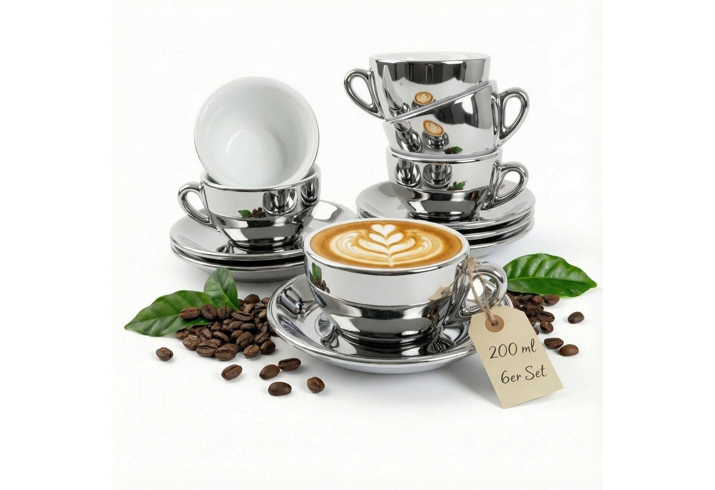 MUVELL Cappuccinotasse 6er Cappuccino-Set "BARI" Tasse 200ml + Untertasse, chrome, 6-tlg., Keramik, 200 ml Silber - Chrome mit weißen Rand und Innenfläche