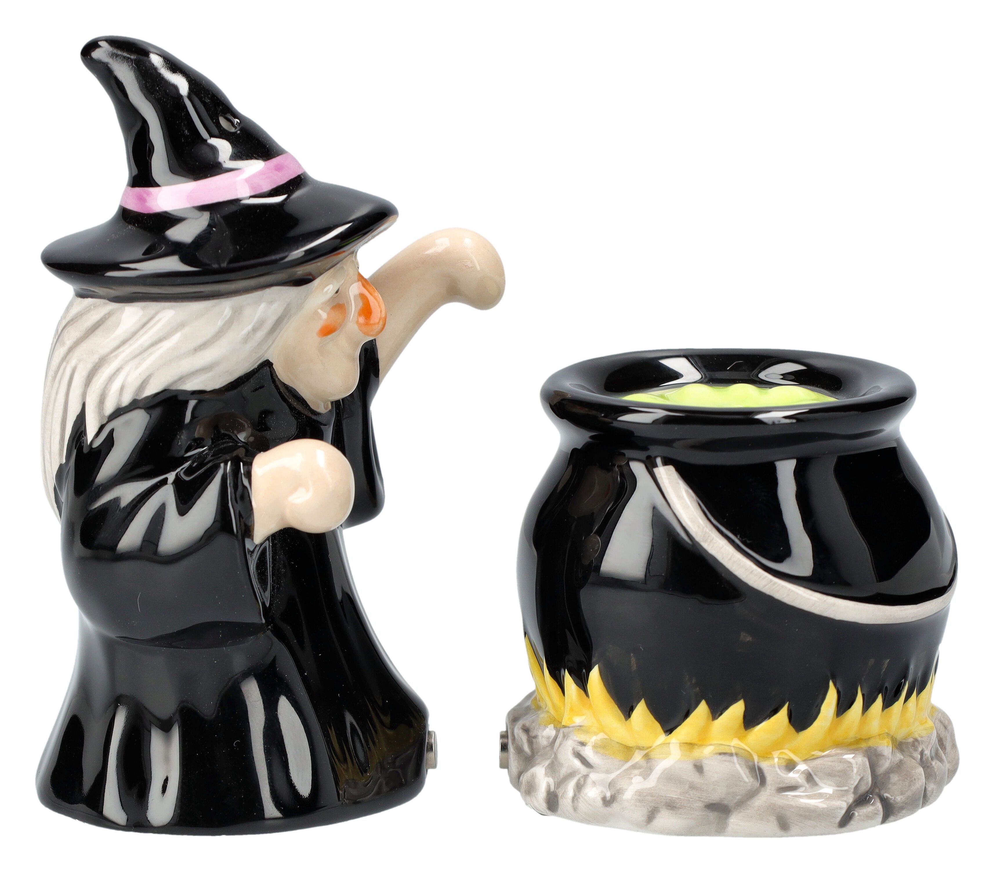 Figuren Shop GmbH Salz- / Pfefferstreuer Salz- und Pfefferstreuer - Hexe mit Kessel - Fantasy Hexenkessel Deko, (Set, 2-tlg)