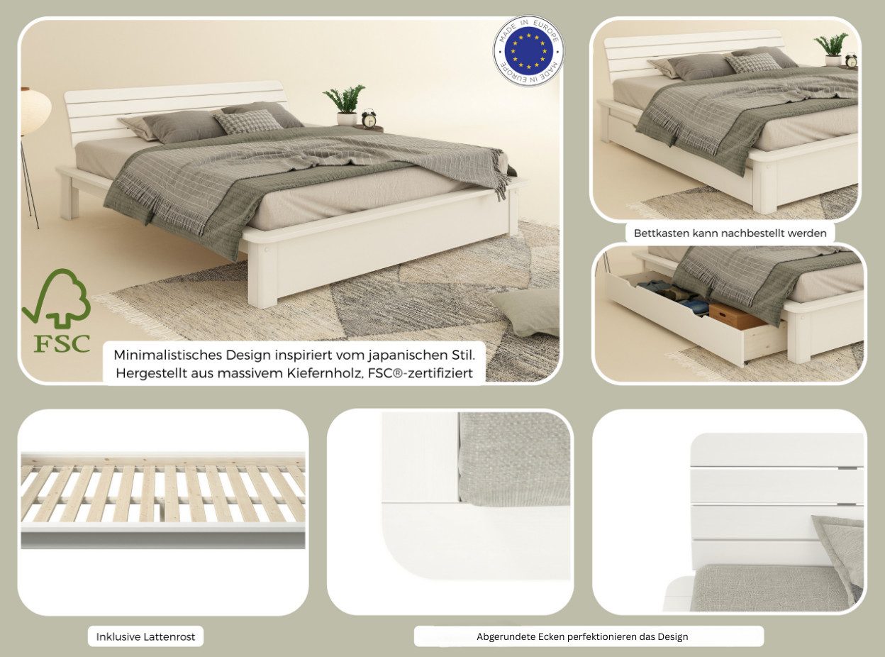 OTTO home Massivholzbett Antri, Futonbett, ergonomisch geformtes Kopfteil, stilvolles Design, Rahmen zur Ablage von Smartphone, mit Lattenrost, Bettkasten optional