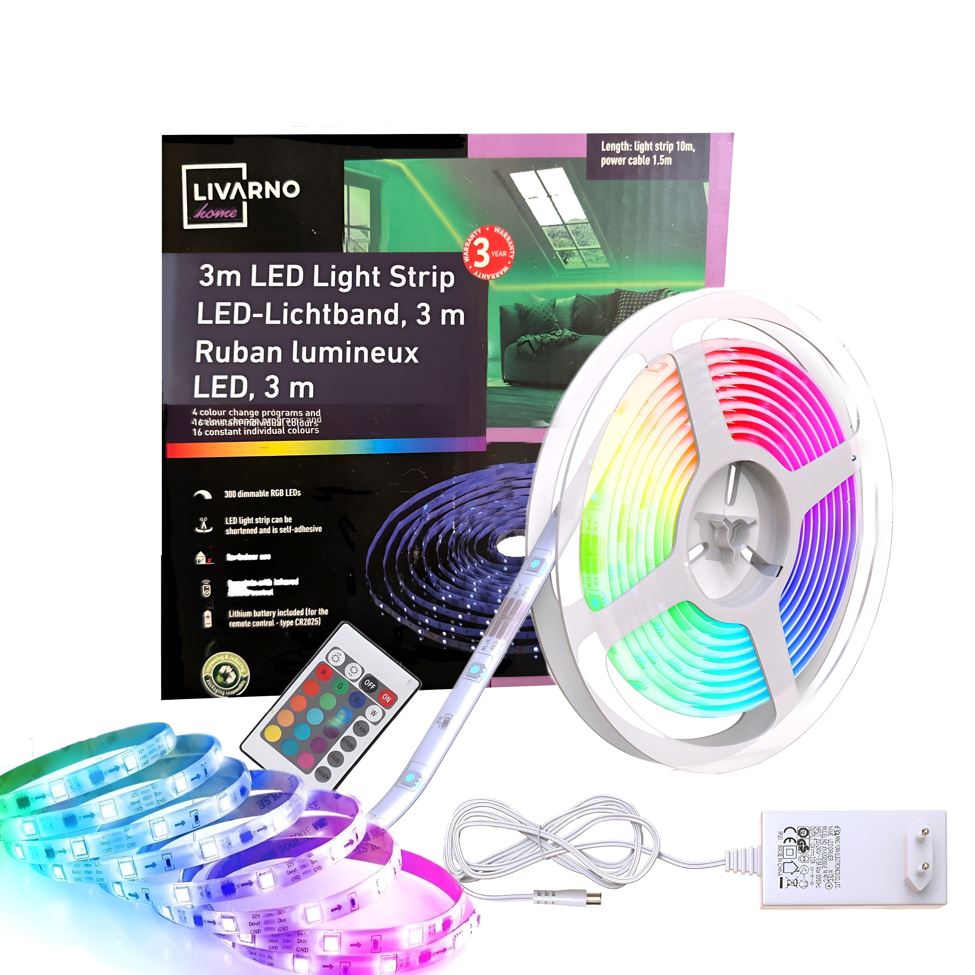 LIVARNO LED Stripe Licht-Band Leiste Farbwechsel dimmbar Regalbeleuchtung  LED-Band 3m, 1,5m Anlaufkabel, Fernbedinbar, Fernbedinung, 300 dimmbare RGB  LEDs