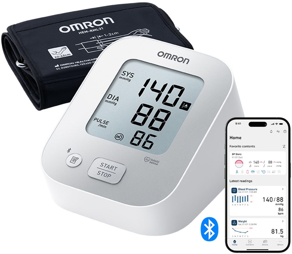 Omron Oberarm-Blutdruckmessgerät X2+ Connect, Universalmanschette (22-42 cm), mit kostenloser App, Erkennt unregelmäßige Herzschläge, präzise, einfache Anwendung