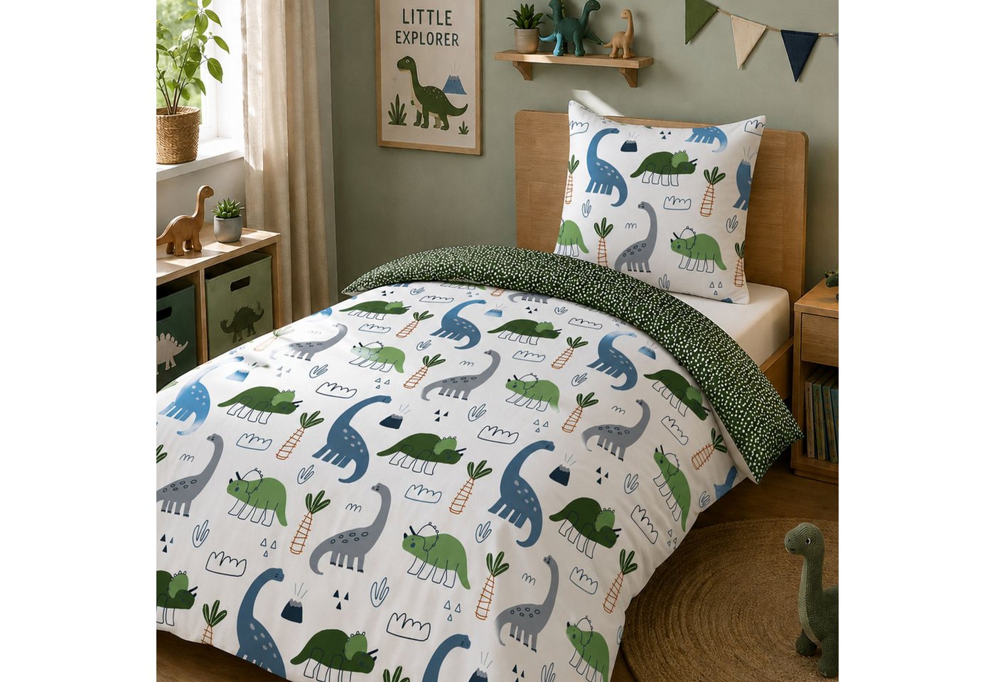 Familando Kinderbettwäsche Dinosaurier 135x200 80x80 cm Dino Bettwäsche 100% Baumwolle, Renforcé, 2 teilig, Bettwäsche mit liebevollem Motiv für Mädchen und Jungen