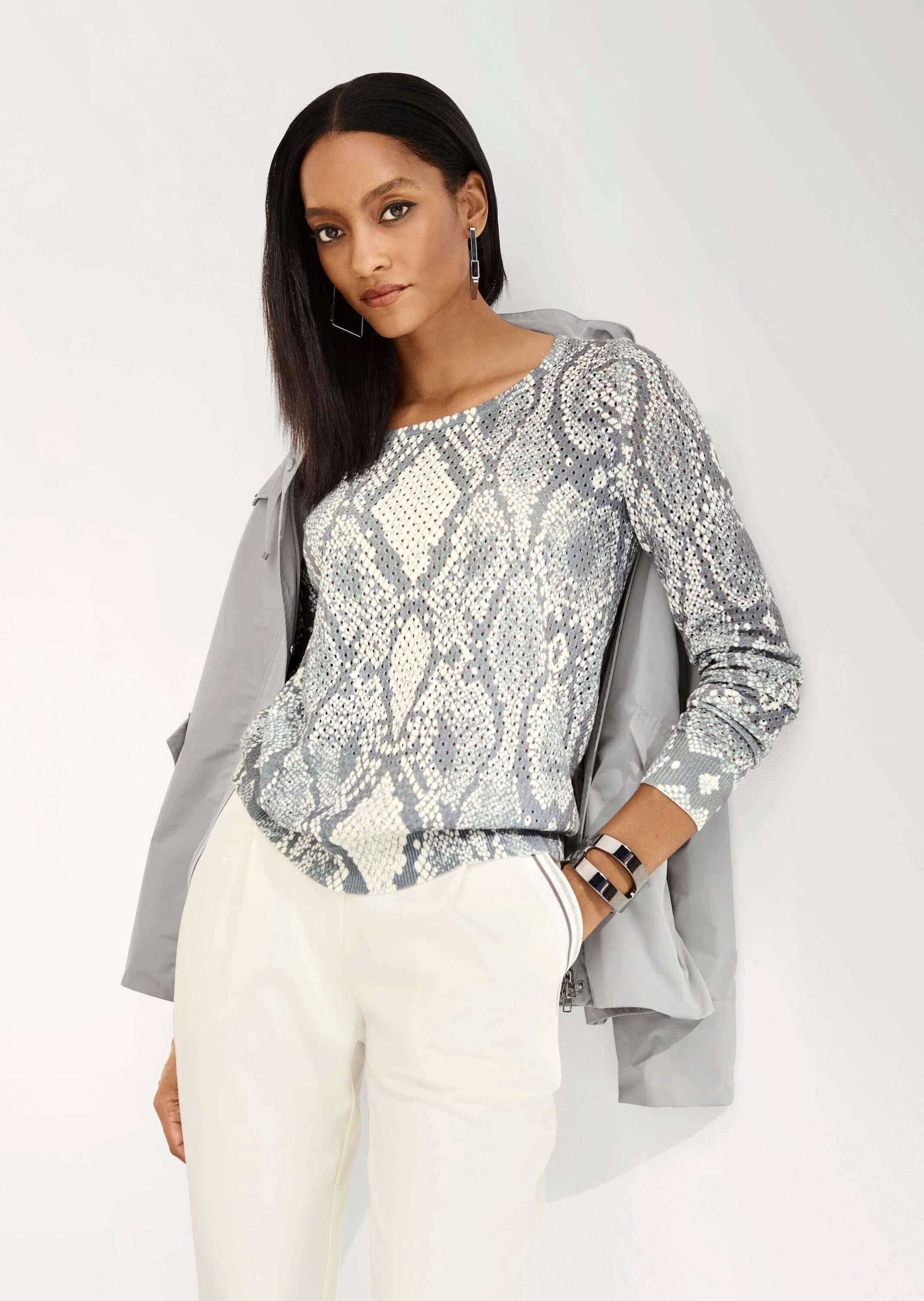 MADELEINE Strickpullover Schlangen-Print Pullover mit Ajour Animal-Muster und runder Ausschnitt als modische Akzente