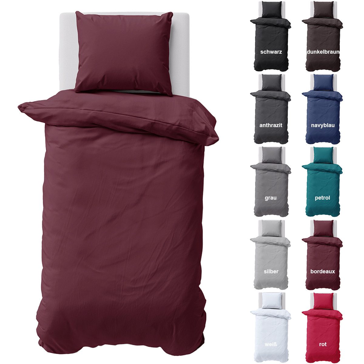 Visaggio Bettwäsche Baumwolle Uni Bettbezug Set Einfarbig 135x200, 155x220, Renforcé, 2 teilig, 100% Baumwolle mit Reißverschluss, moderne Bettbezug Set