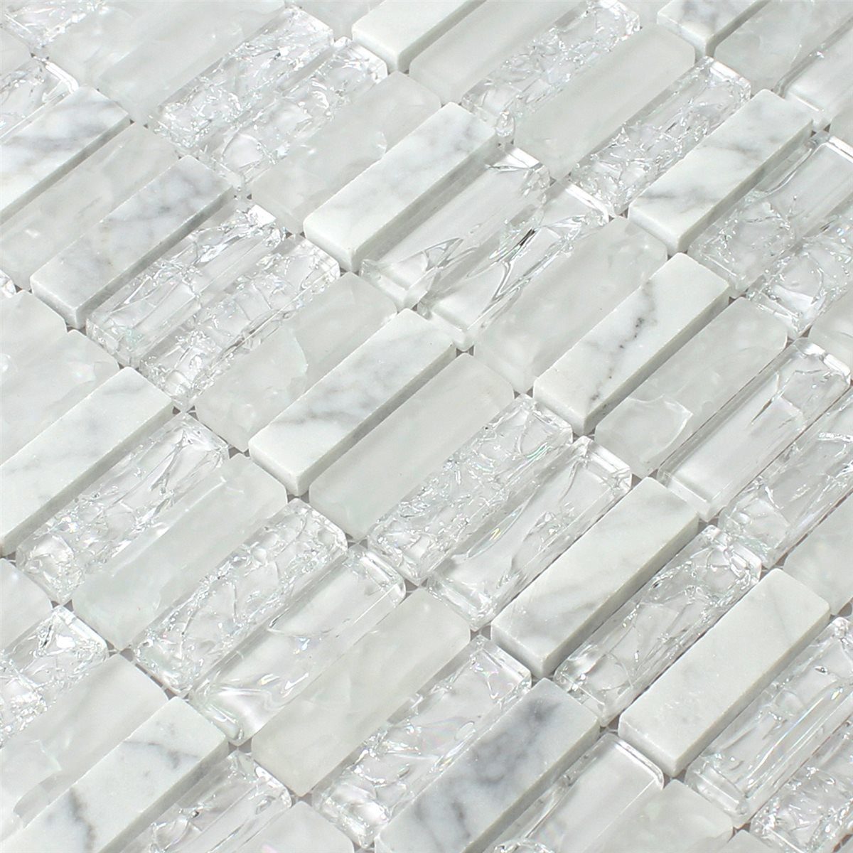 Mosafil Mosaikfliesen Glas Naturstein Mosaikfliesen Malawi Bruchglas Stäbchen, Naturstein-Glas-Marmor 31.000x32.200, weiß, Verlegefertig auf ein Netz geklebt - Frostsicher - Wasserfest