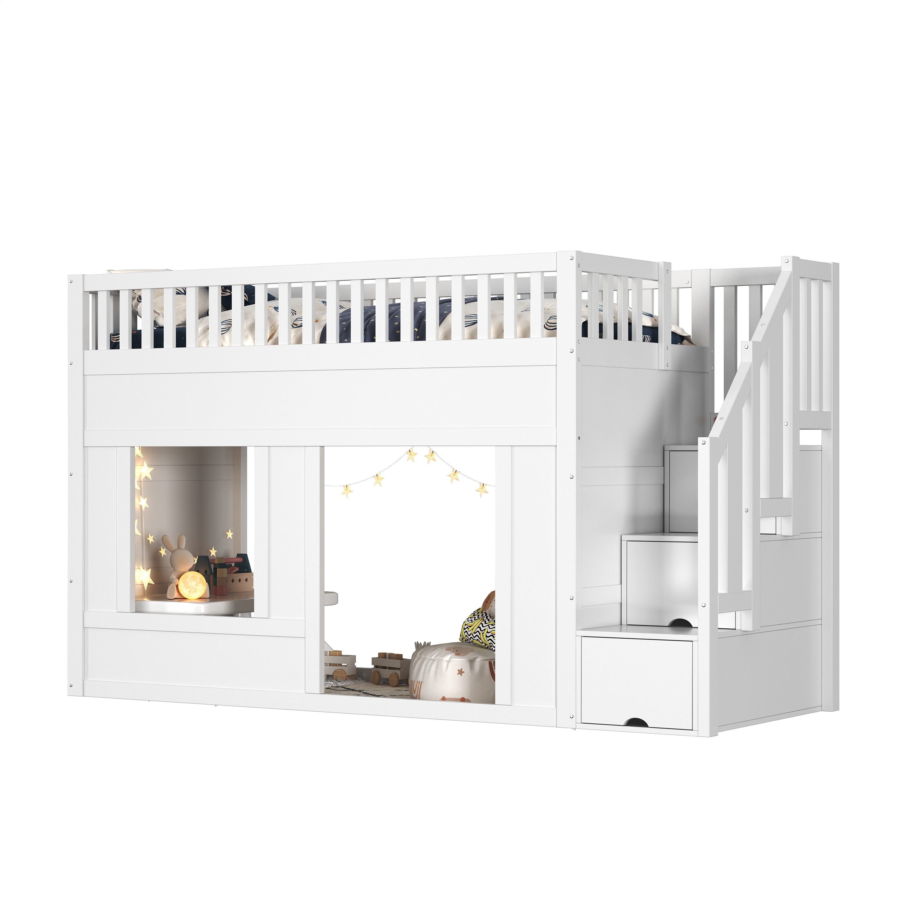 MODFU Hochbett Hochbett (Etagenbett, Hochbett, Kinderbett, 1-St., 90 x 200 cm, ohne Matratze) mit Treppenschrank