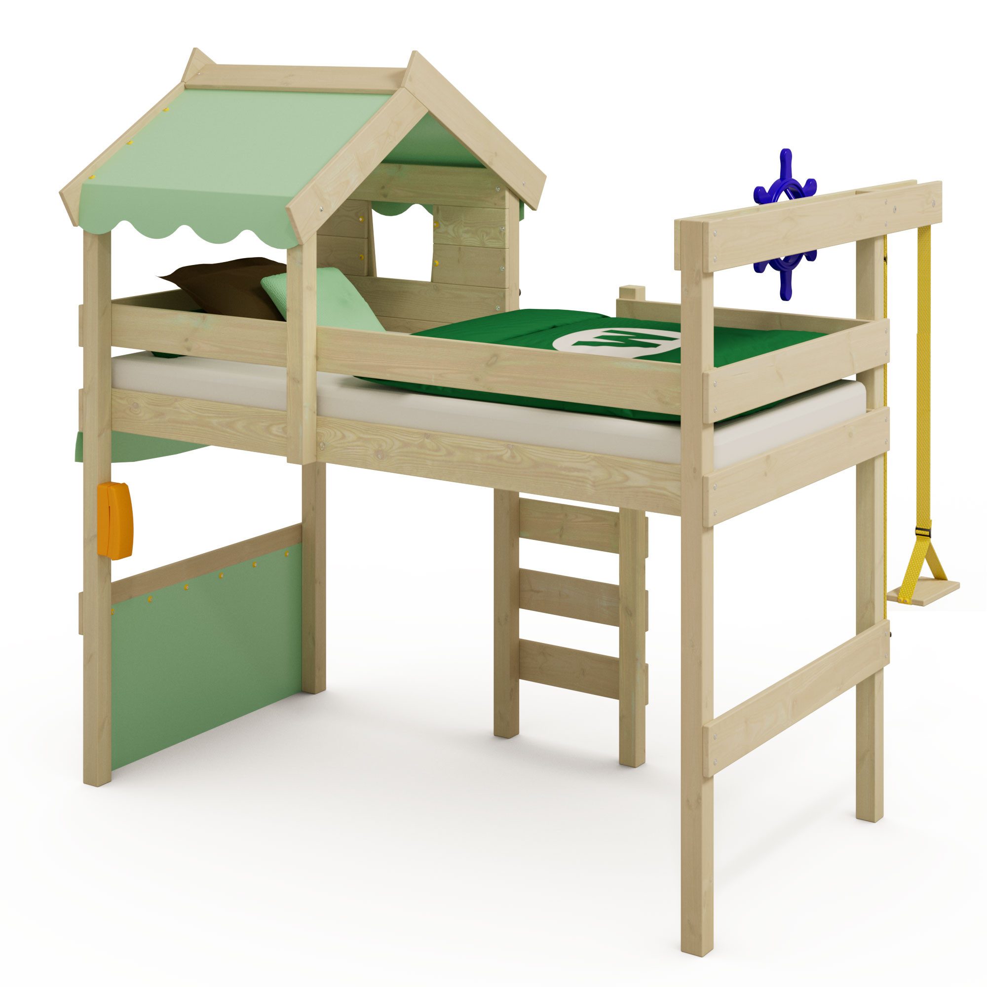 Wickey Kinderbett Hochbett aus Holz Crazy Gloomy – Robustes Abenteuerbett für Kinder (Etagenbett mit Kletterleiter für Kinder), Massivholz