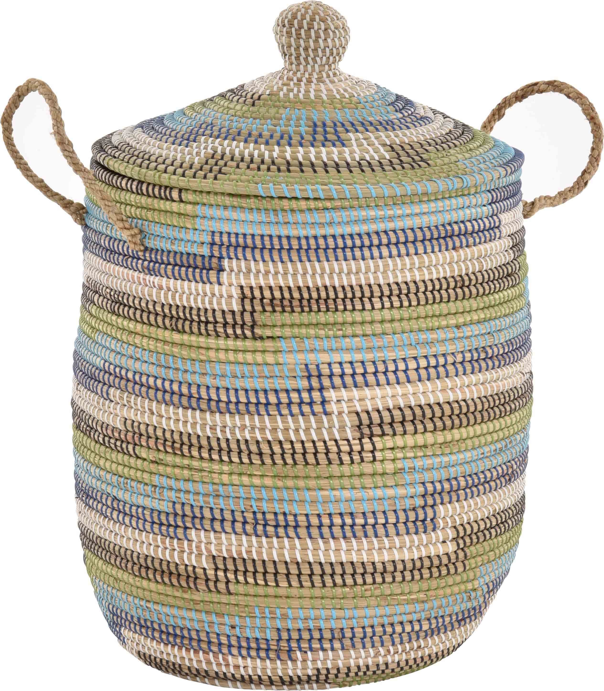 Krines Home Wäschekorb Wäschekorb Wäschesammler mit Deckel Dekokorb Aufbewahrungs-Box, Allzweck-Korb Natur Seegras mit bunten Wicklungen