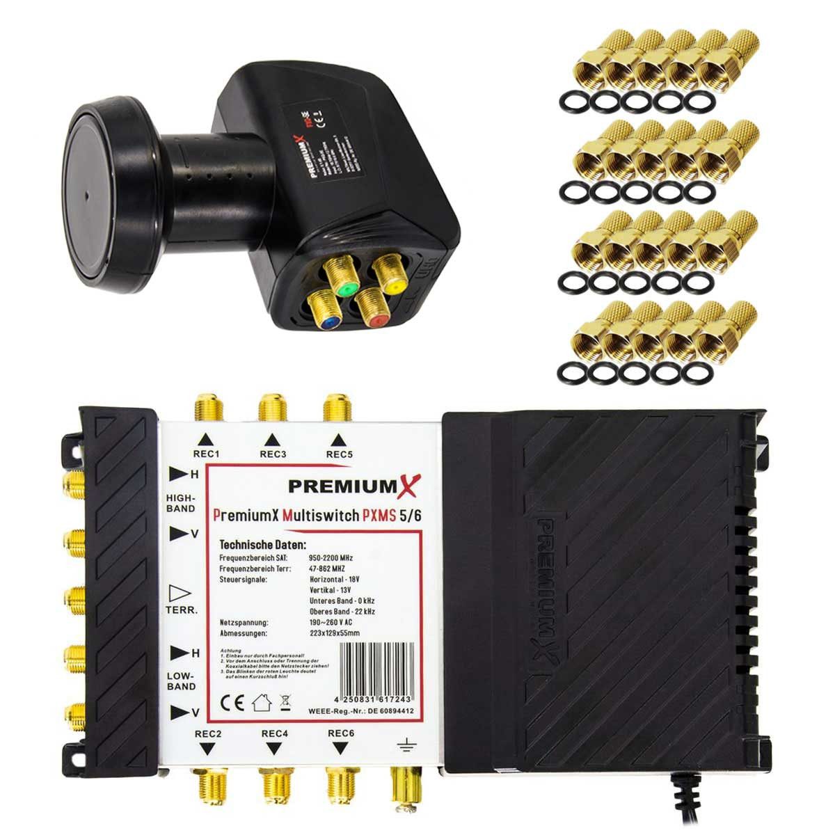 PremiumX SAT-Multischalter Multischalter Set 5/6 Multiswitch SAT Quattro LNB 20x F-Stecker