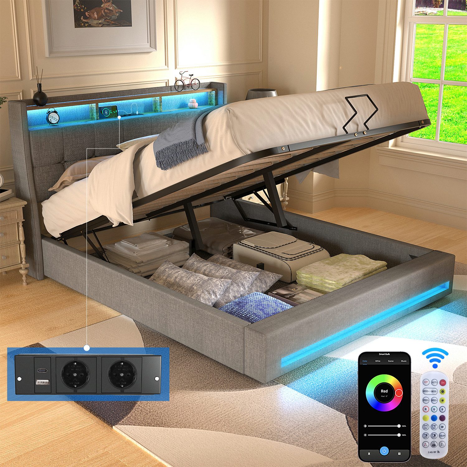 oyajia Polsterbett Doppelbett mit LED Licht 140x200cm,Hydraulisch anhebbare günstig online kaufen