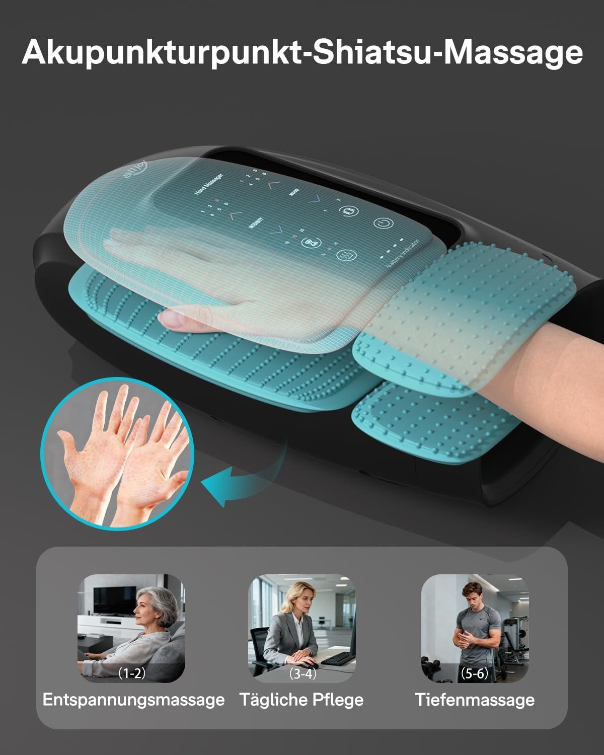 ALLJOY Massagegerät Handmassager mit Wärmekompression zur Schmerzlinderung für Arthritis, Luftkissen-Pressmassage,Wärmefunktion,Vibration, Ein-Tasten-Touchscree – Bild 2 von 5
