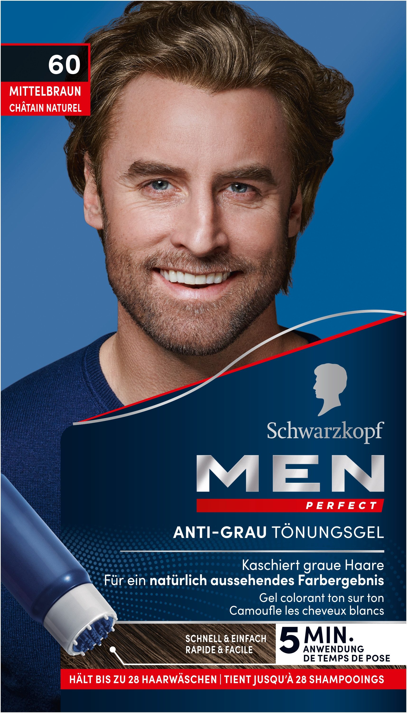 Schwarzkopf Haartönung Men Perfect 60 Mittelbraun - hält bis zu 28 Haarwäschen, Vorratspack, 3-tlg., 3x 80 ml, Anti-Grau Tönung für ein natürlich aussehendes Ergebnis