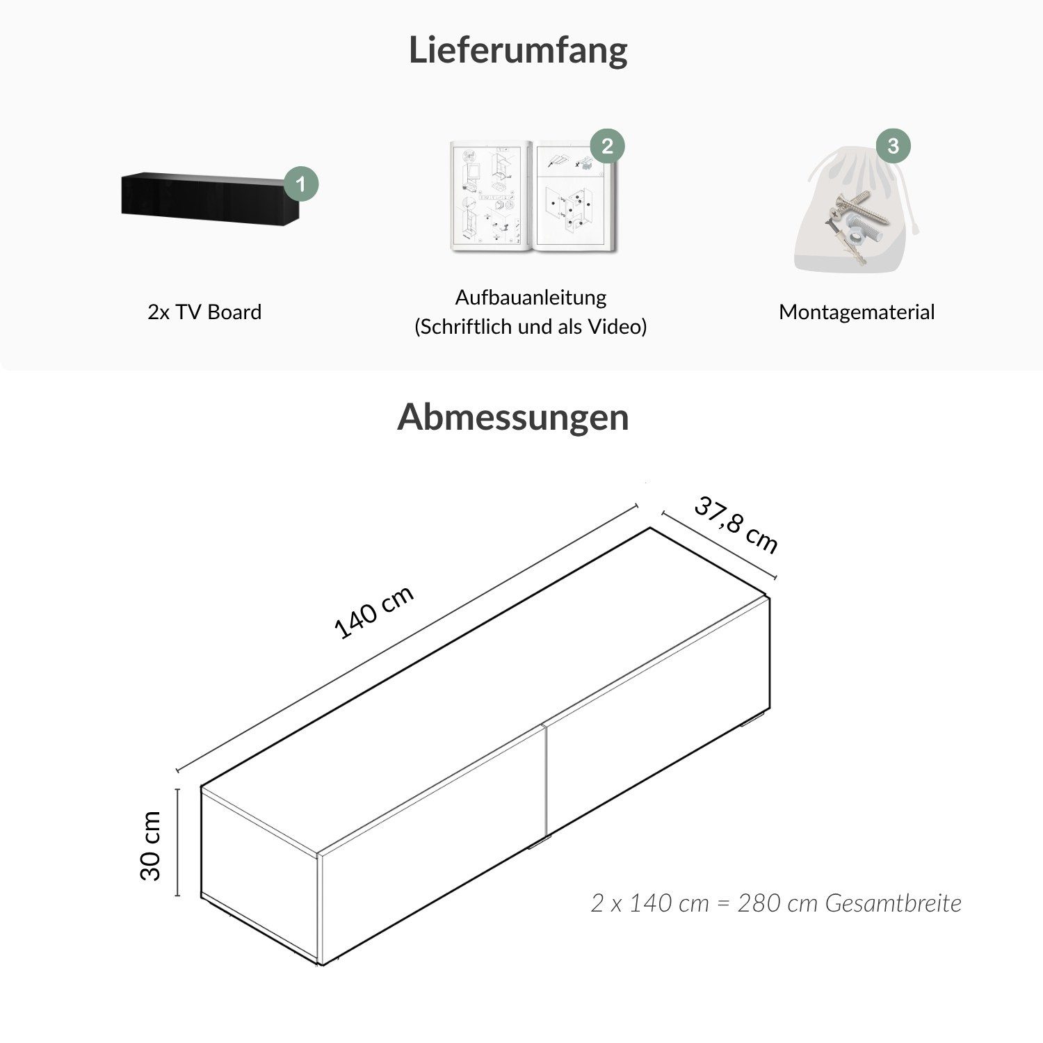 Planetmöbel TV-Schrank West TV-Board, Fernsehtisch 280 cm lang, TV-Lowboard (für Fernseher bis 65 Zoll, TV Schrank viel Stauraum, sideboard hängend, Fernsehschr – Bild 5 von 5