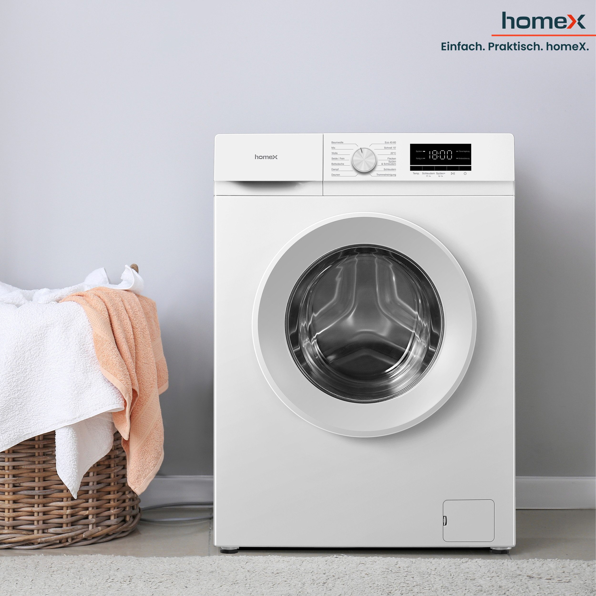 homeX Waschmaschine WF610K1A-W, 6 kg, 1000 U/min, Frontlader, Inverter Motor, AquaStop, 6kg, 39 cm Tiefe, EEK A, weiß